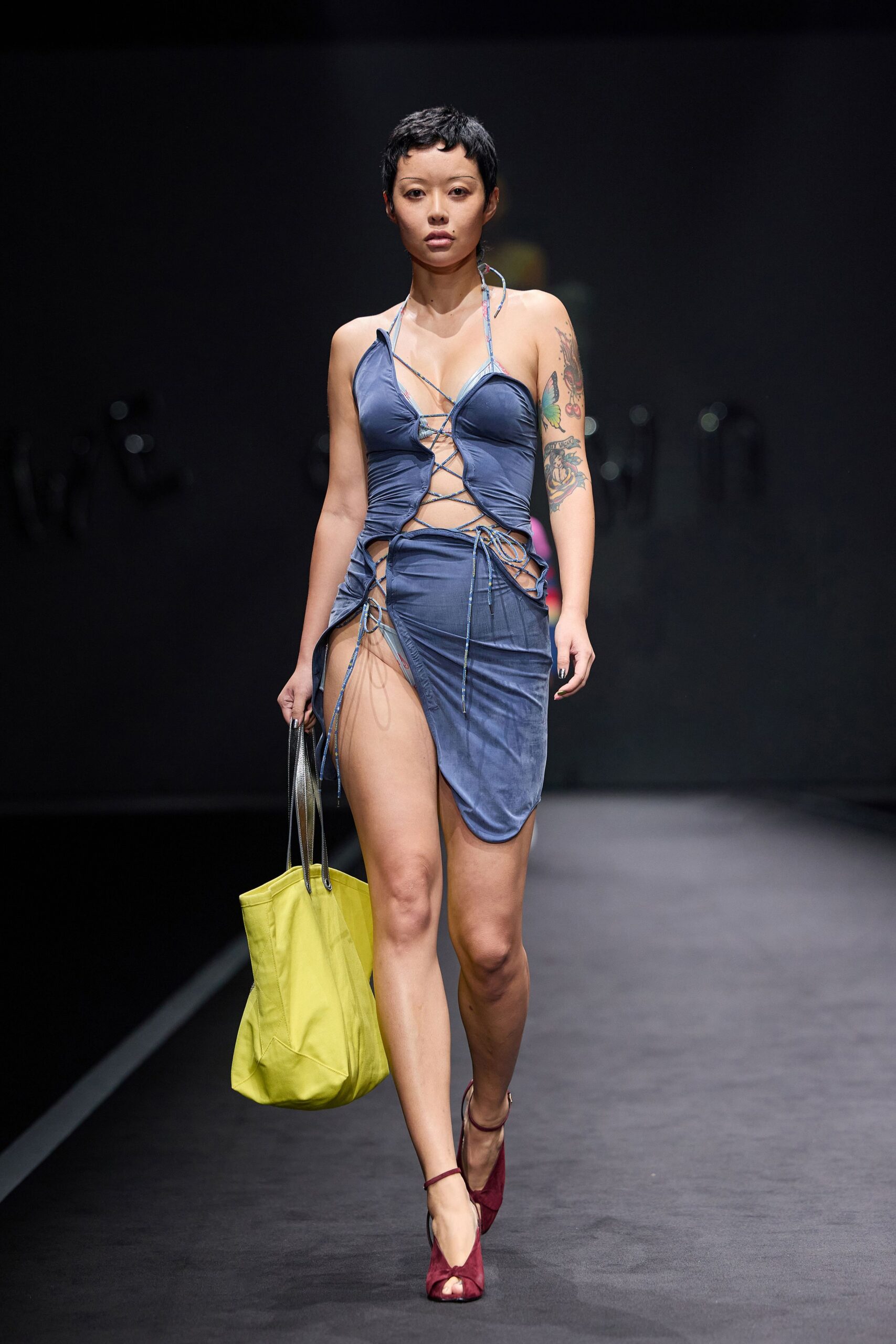 blue silk sleeveless v-neck fitted ruched mini dress