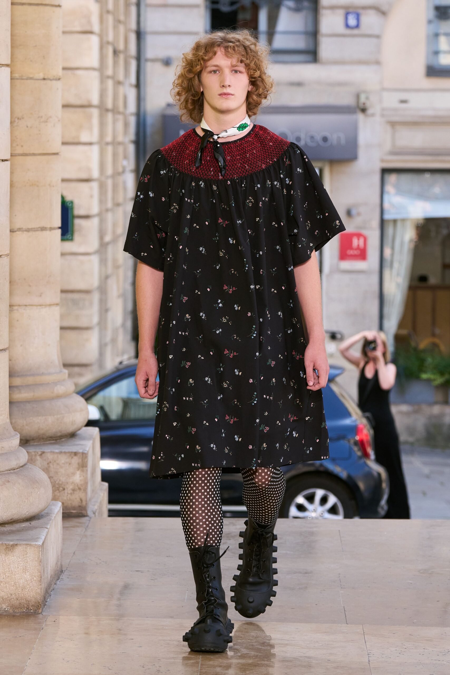 black floral mini dress with textured shoes