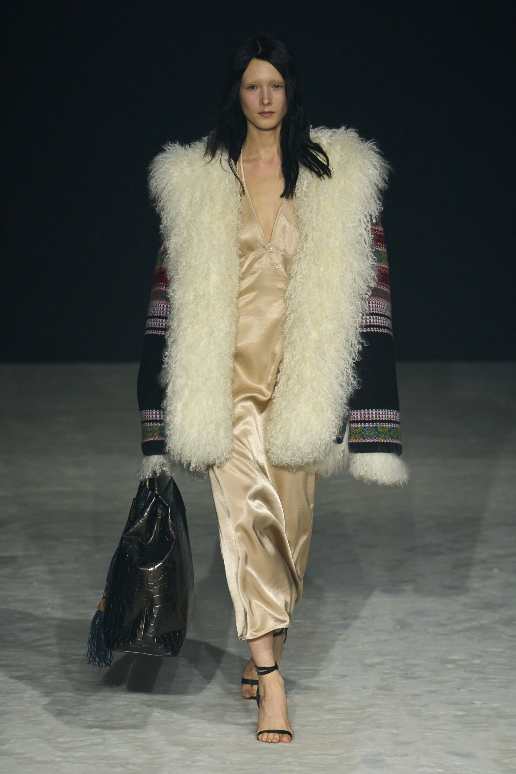 beige silk midi dress with oversized coat