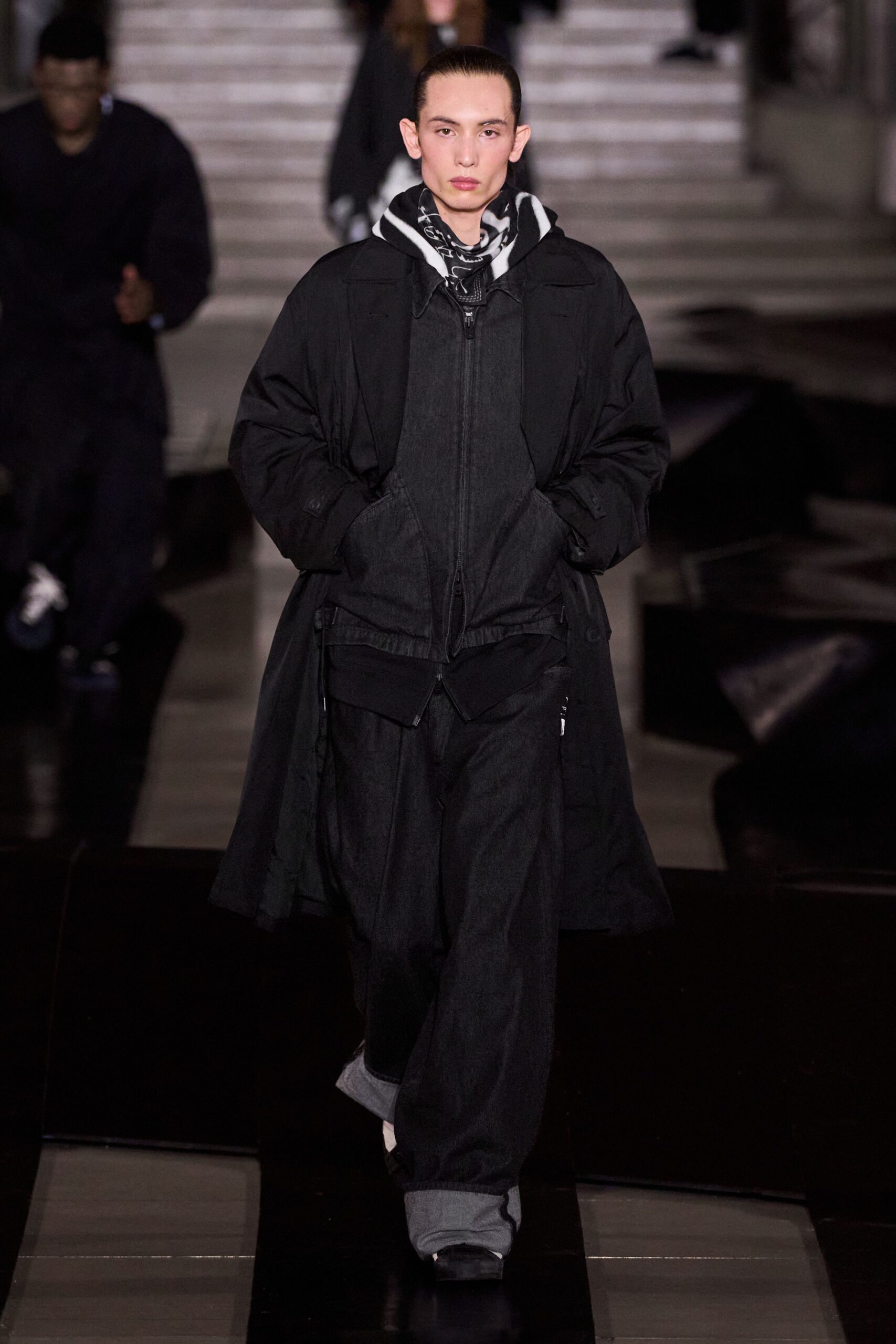 black cotton long-sleeve collared relaxed zippered maxi coat