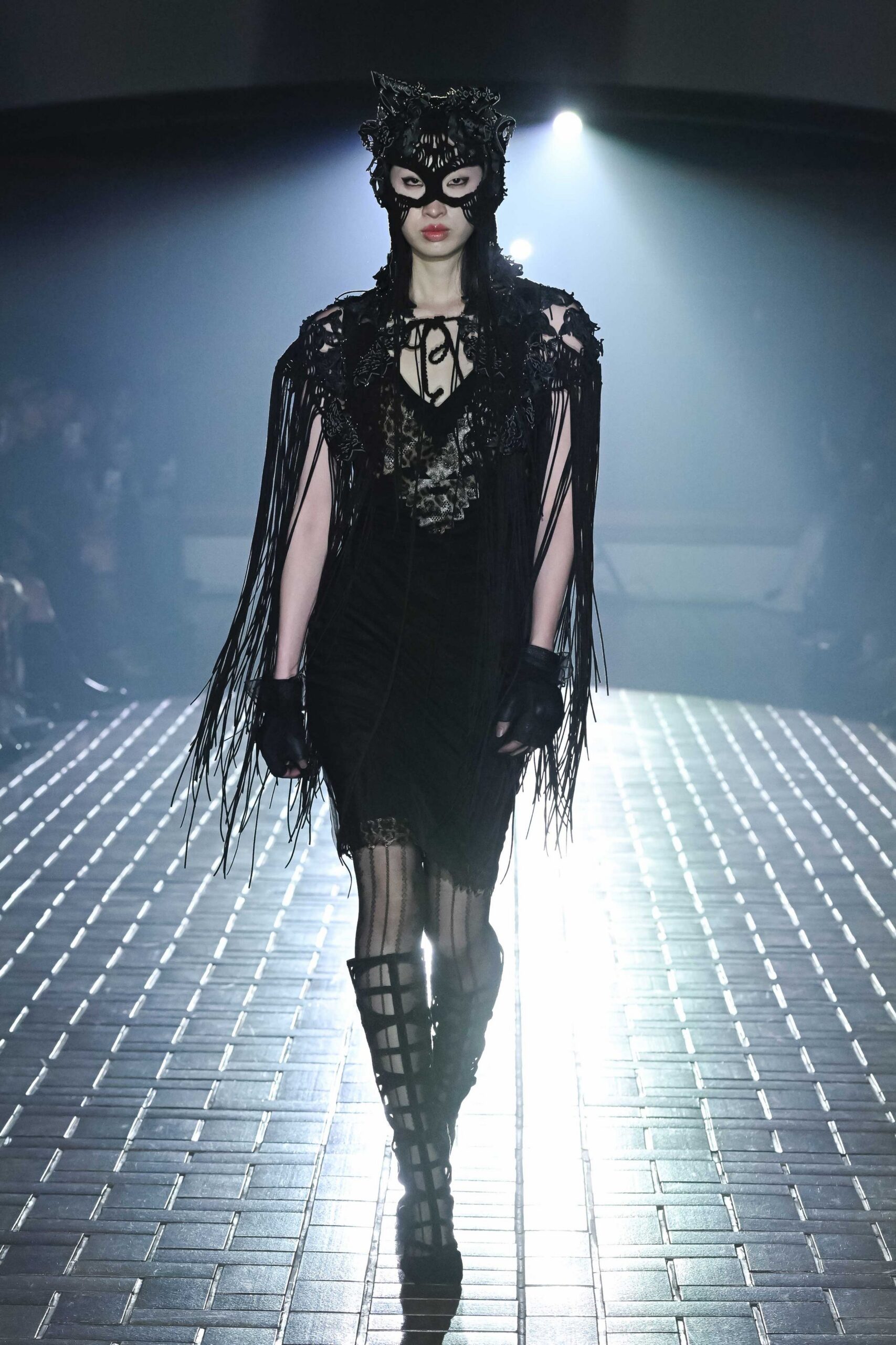 black lace mini dress with gloves
