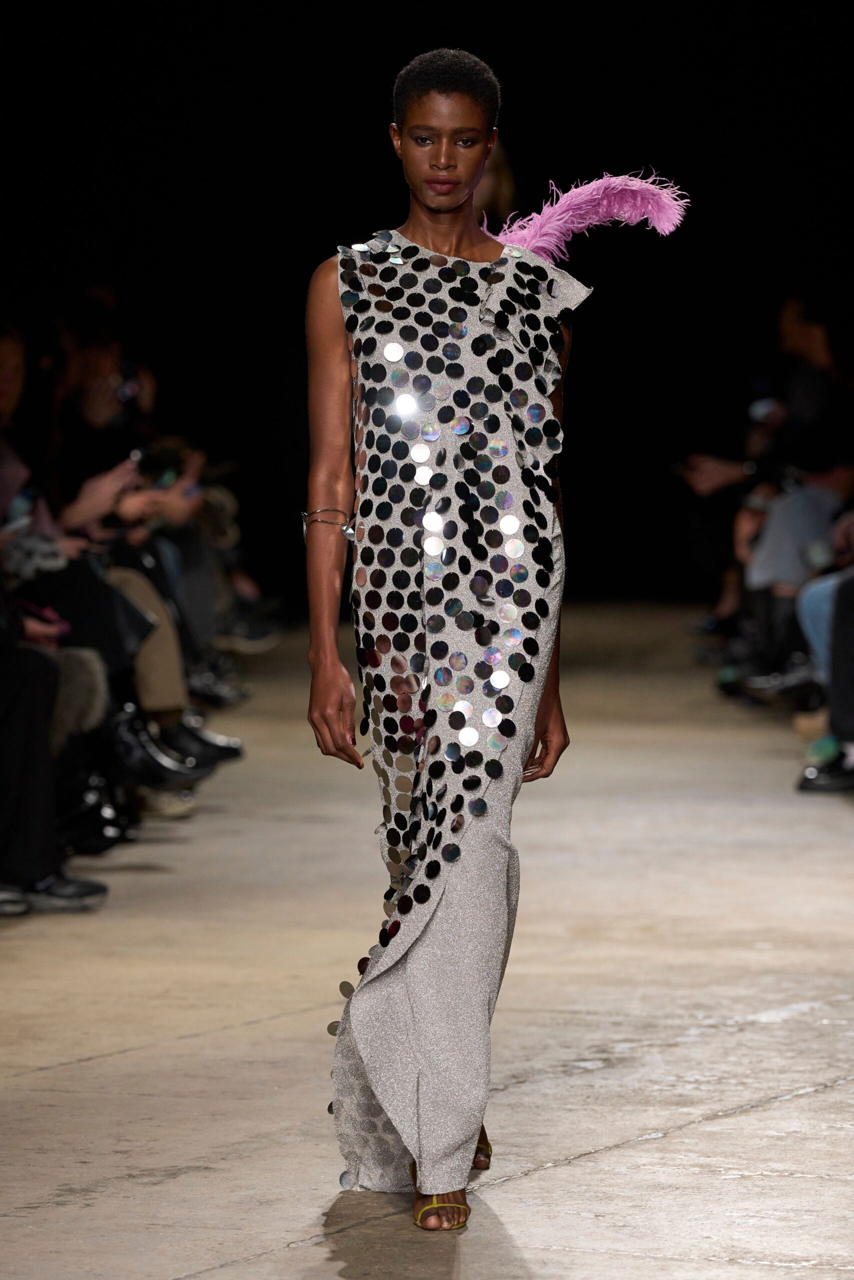 gray metallic sleeveless high-neck fitted layered embellished gown