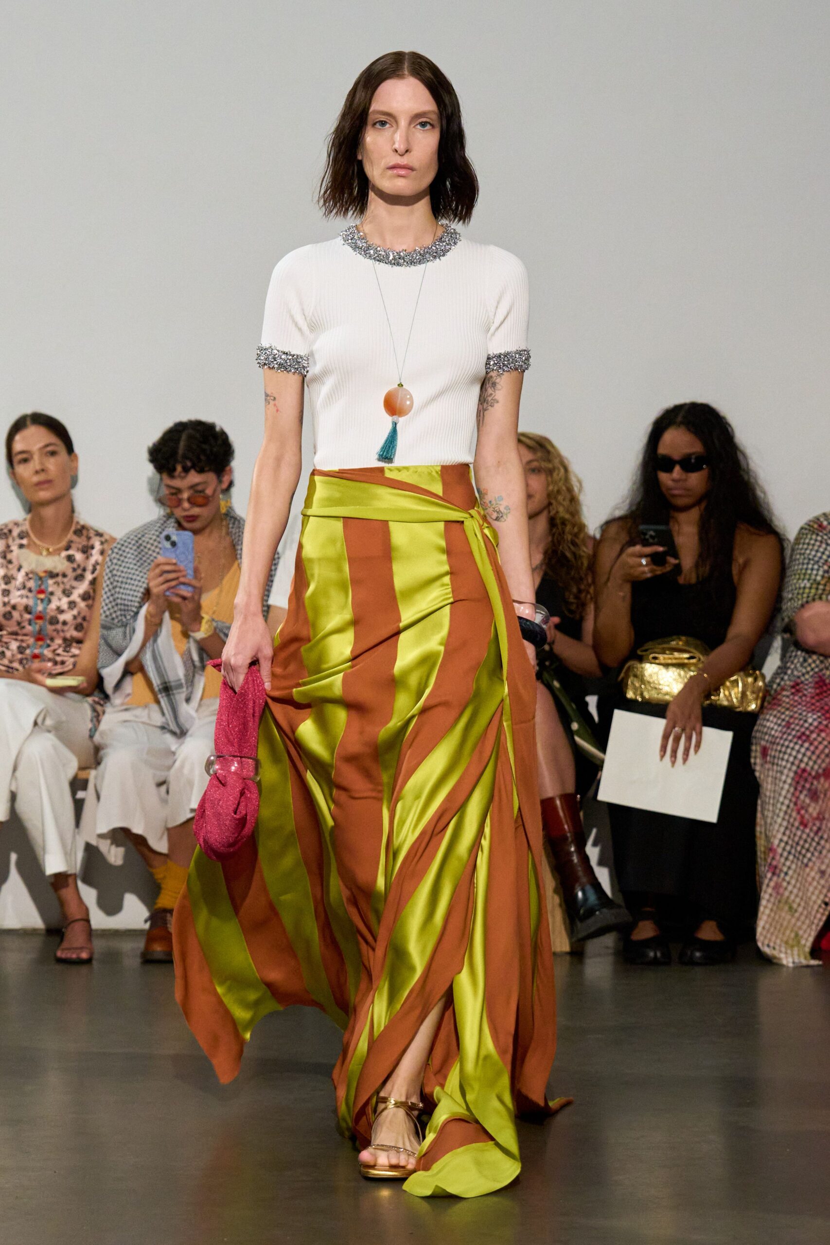 orange silk relaxed high-waisted pleated flowing maxi skirt