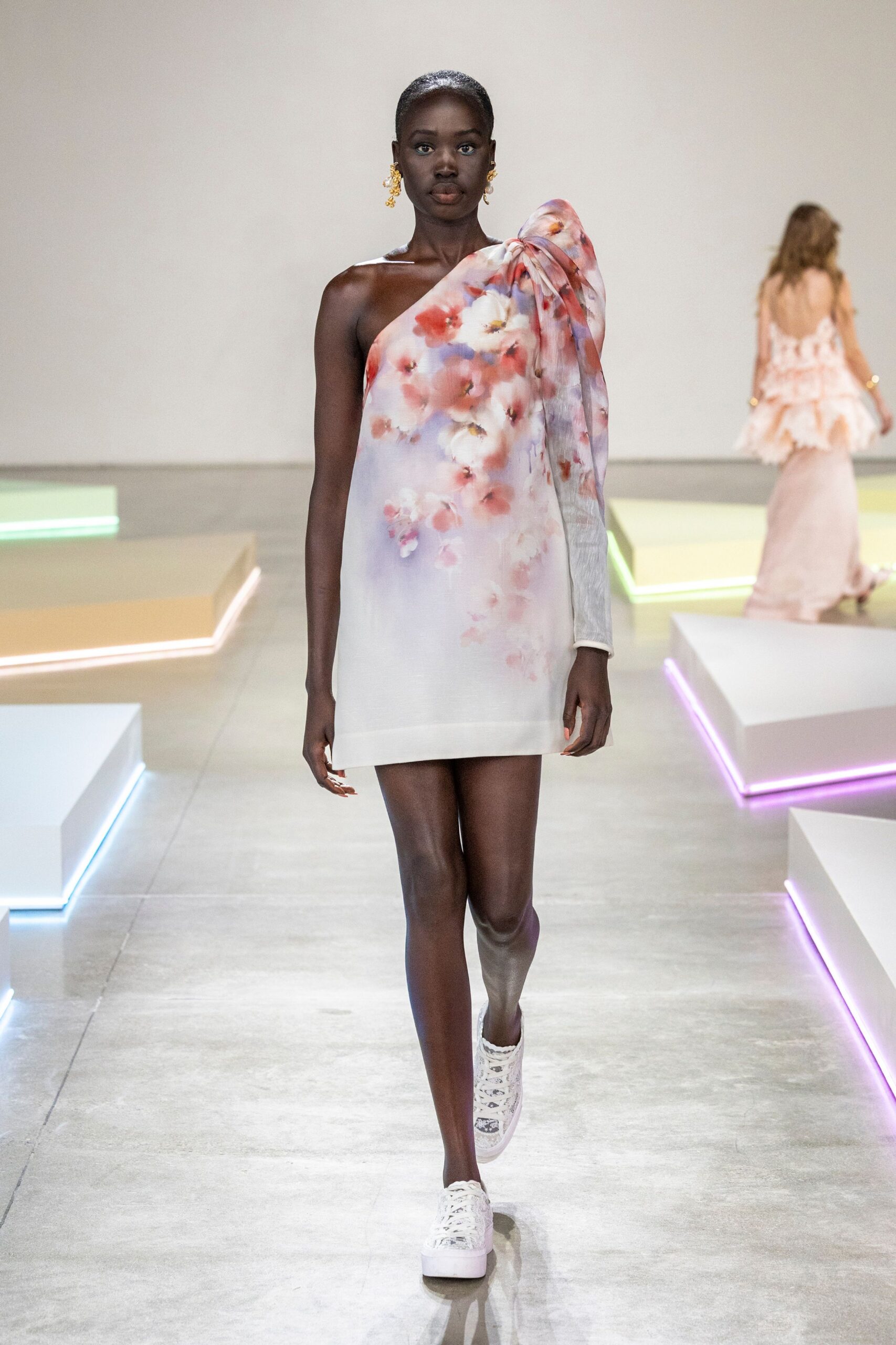 white silk sleeveless asymmetric fitted floral draped dress