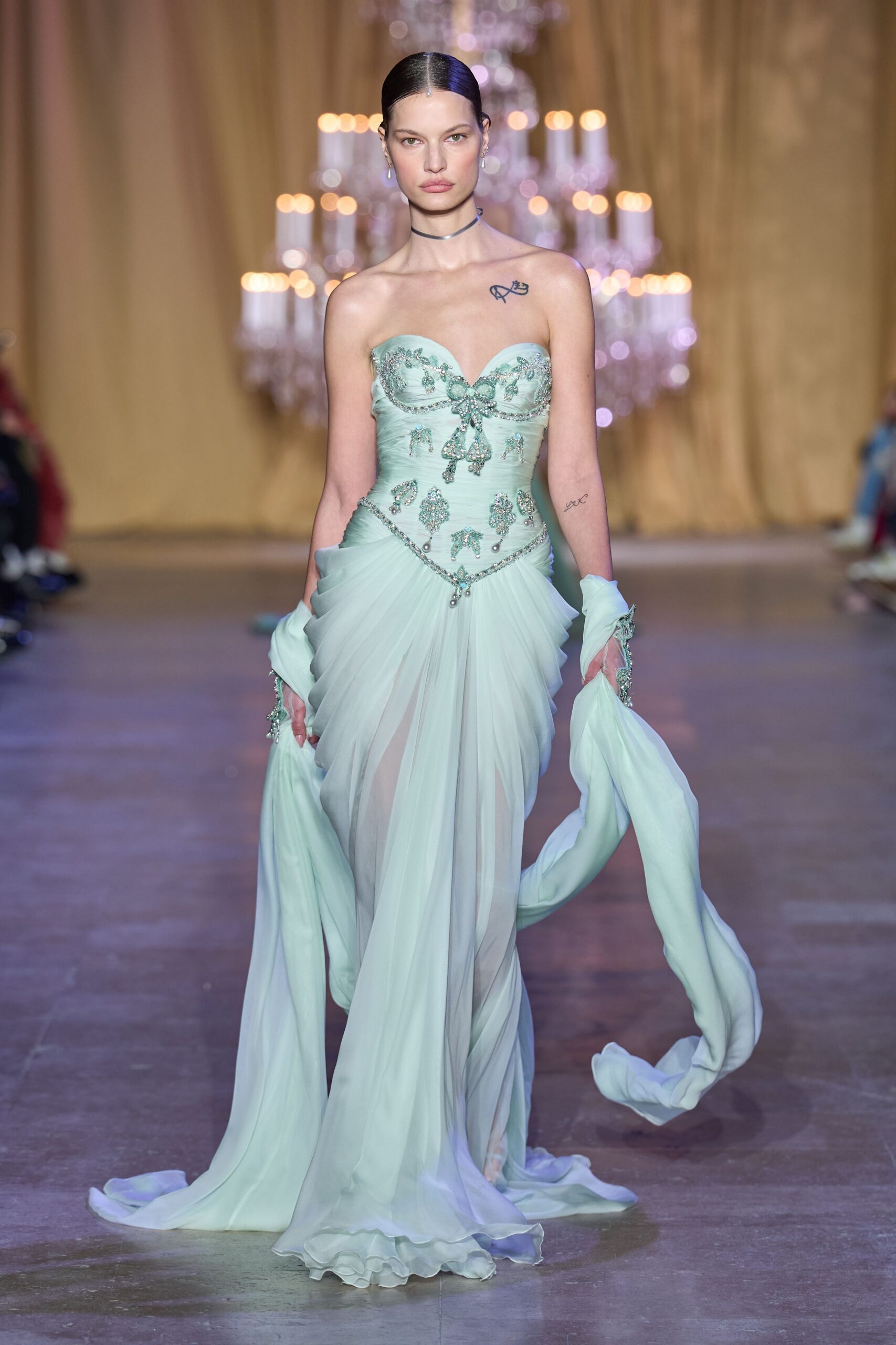 mint chiffon strapless gown