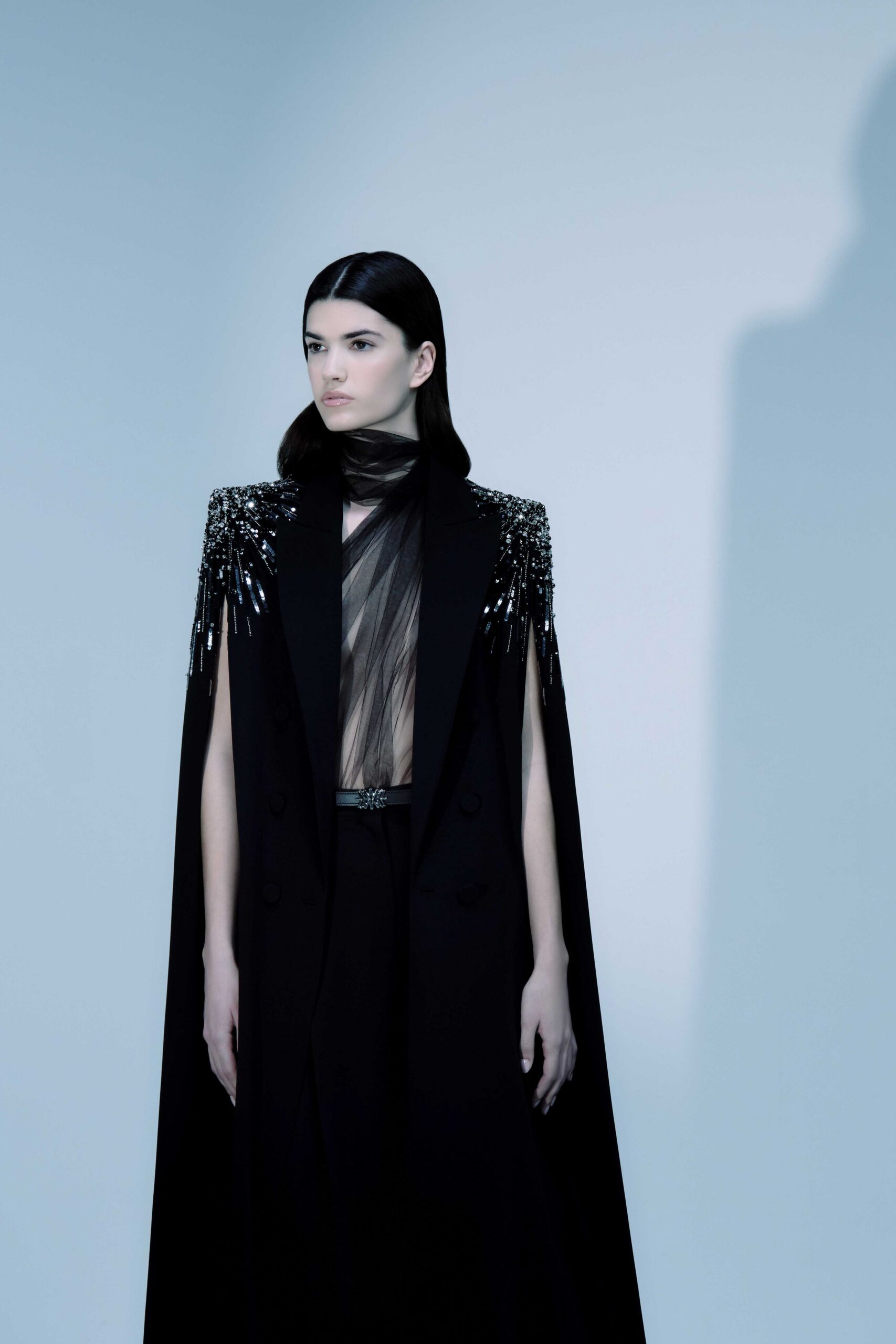 black silk sleeveless collared fitted beaded layered cape