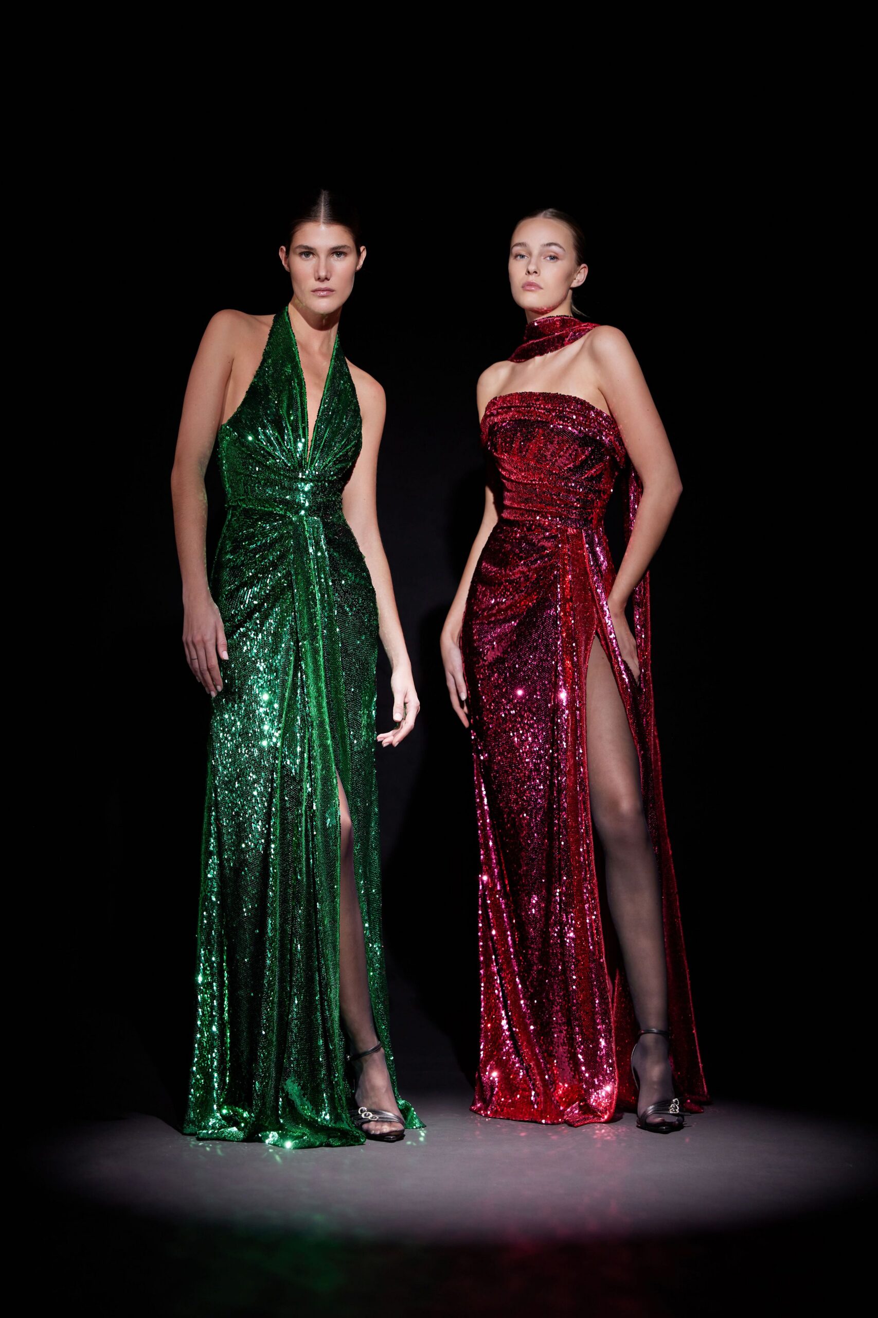 green sequin sleeveless v-neck fitted shiny maxi gown