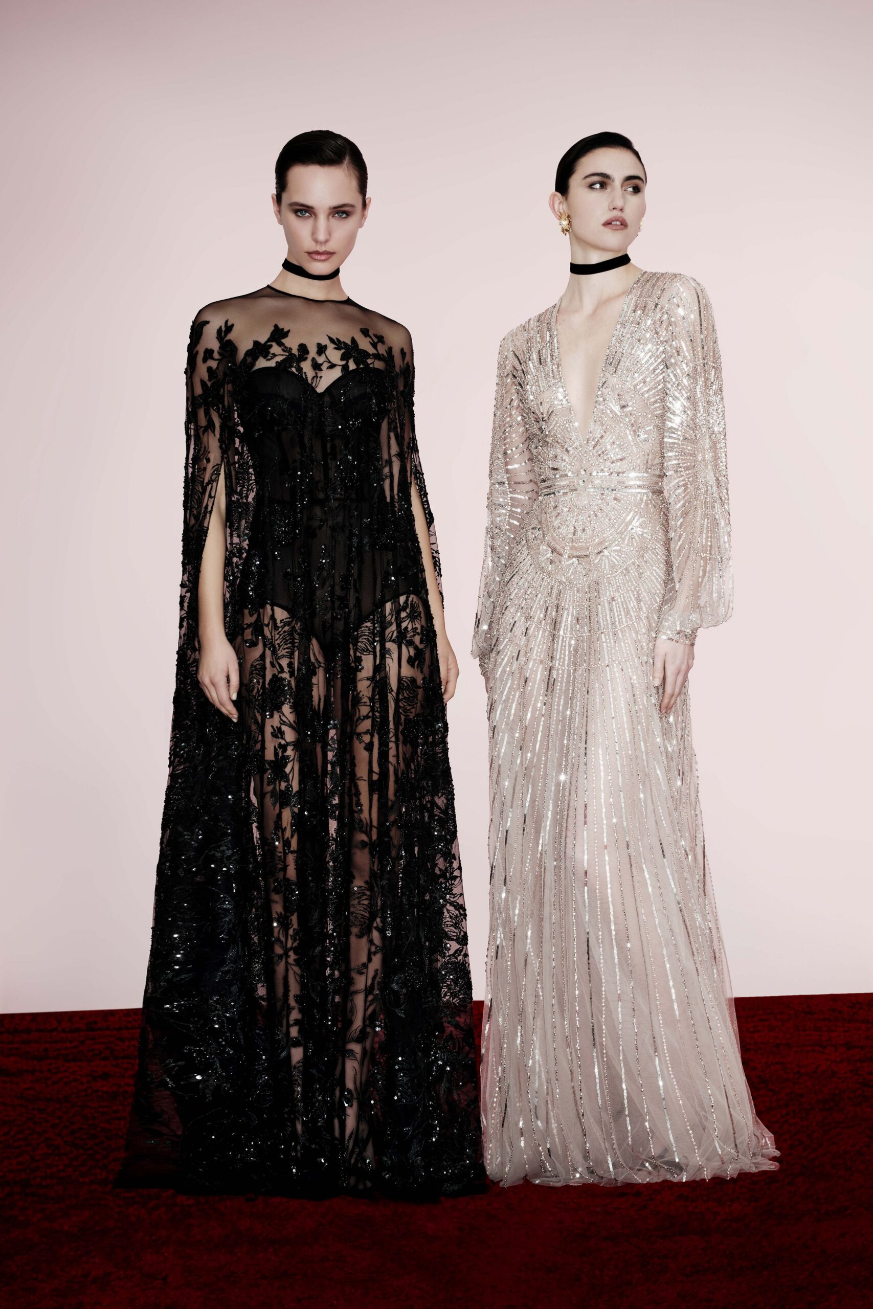 ivory silk long-sleeve v-neck fitted beaded layered gown