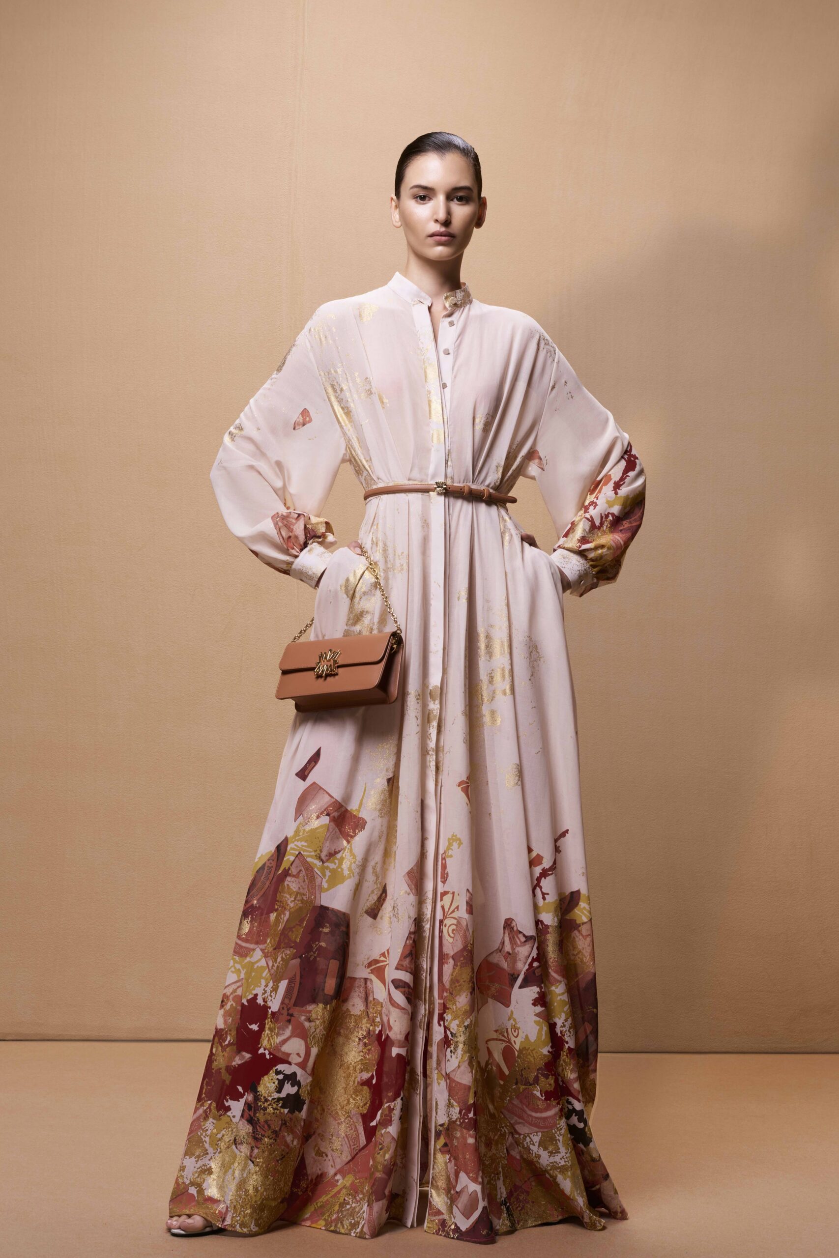 pink silk long-sleeve collared relaxed layered printed gown