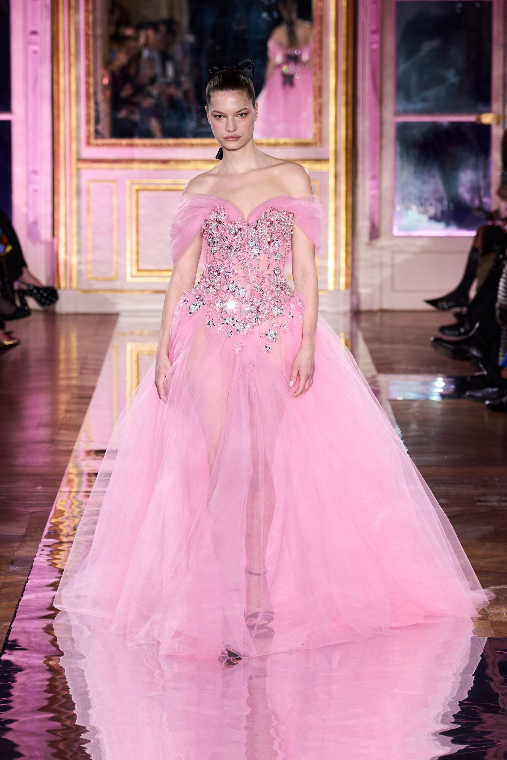 pink tulle strapless fitted embellished tiered flowing gown