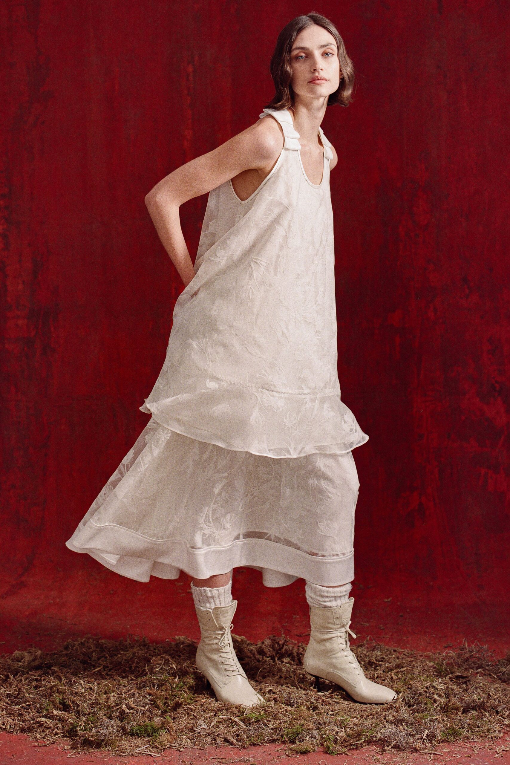 white layered midi dress with boots