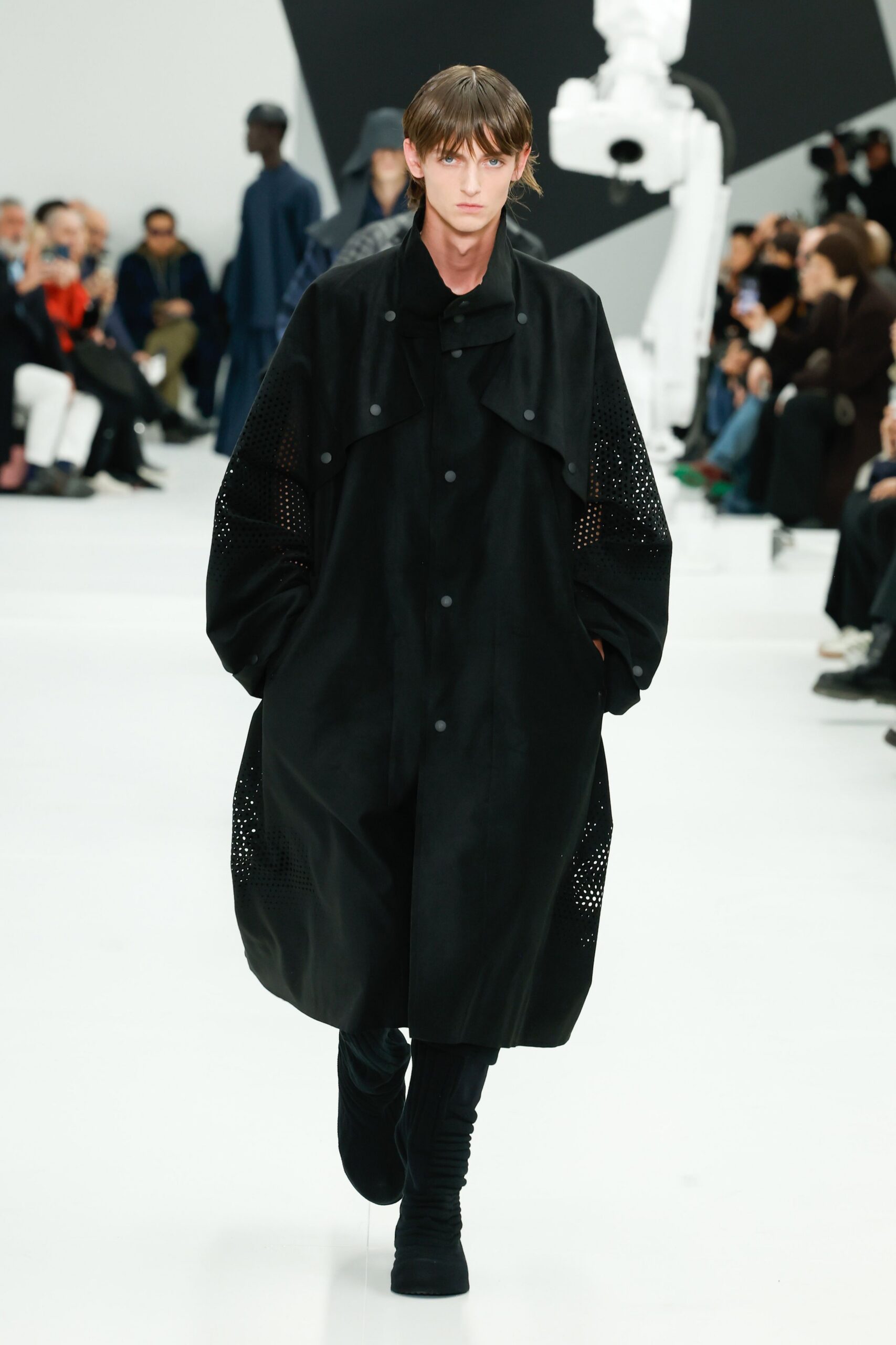 black relaxed coat with fitted pants