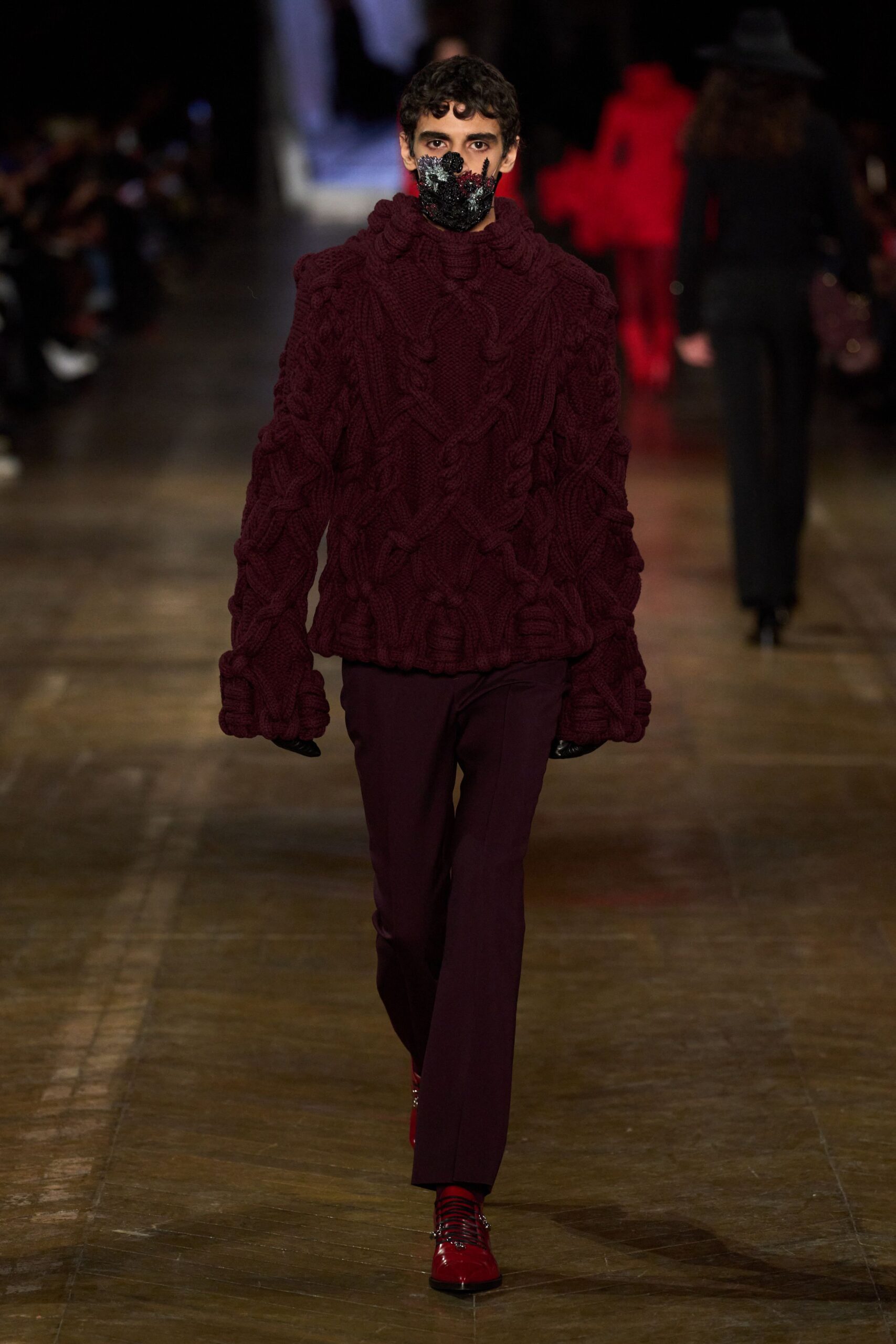 maroon wool long-sleeve high-neck relaxed textured sweater