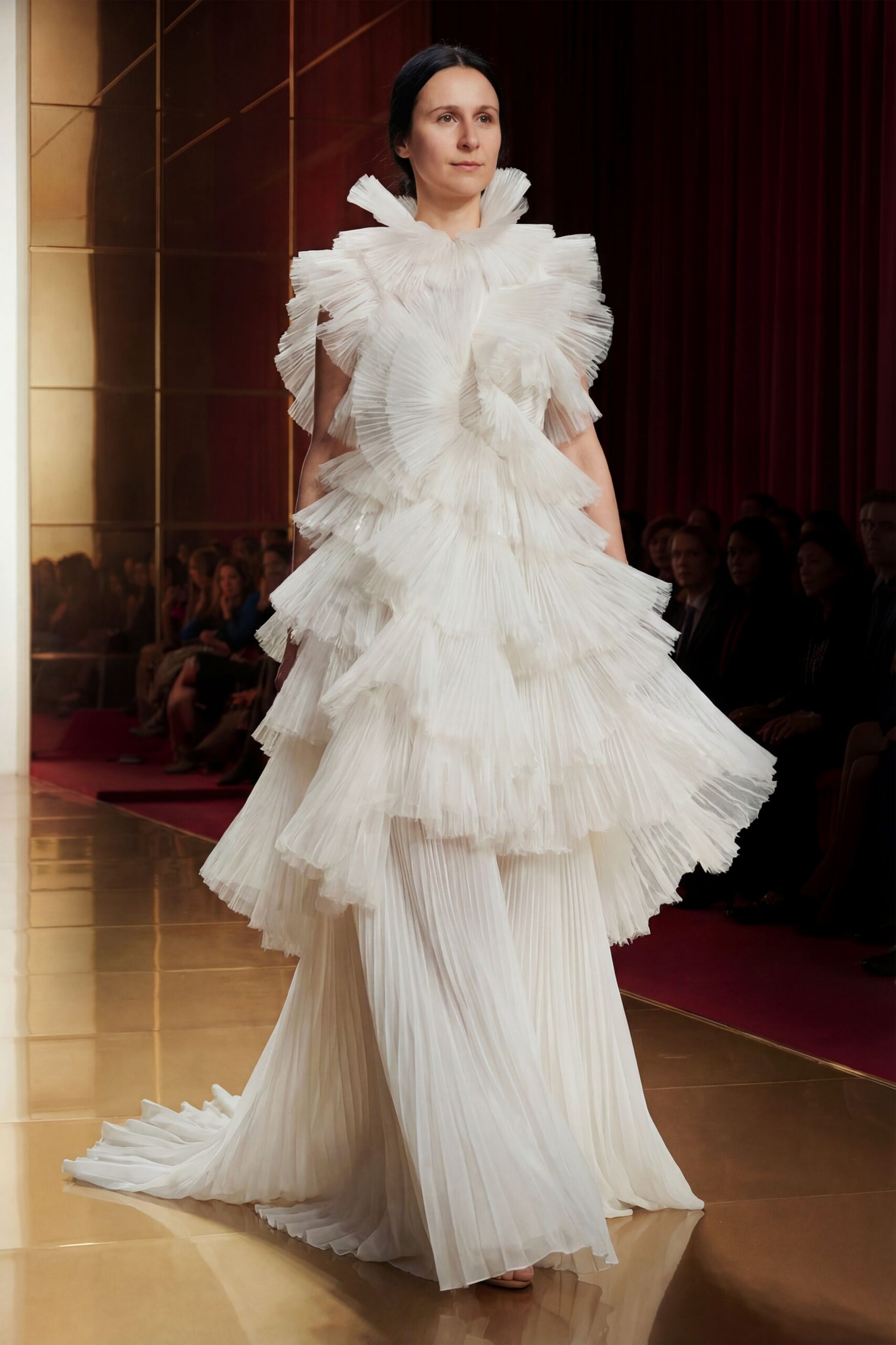 white pleated tiered gown