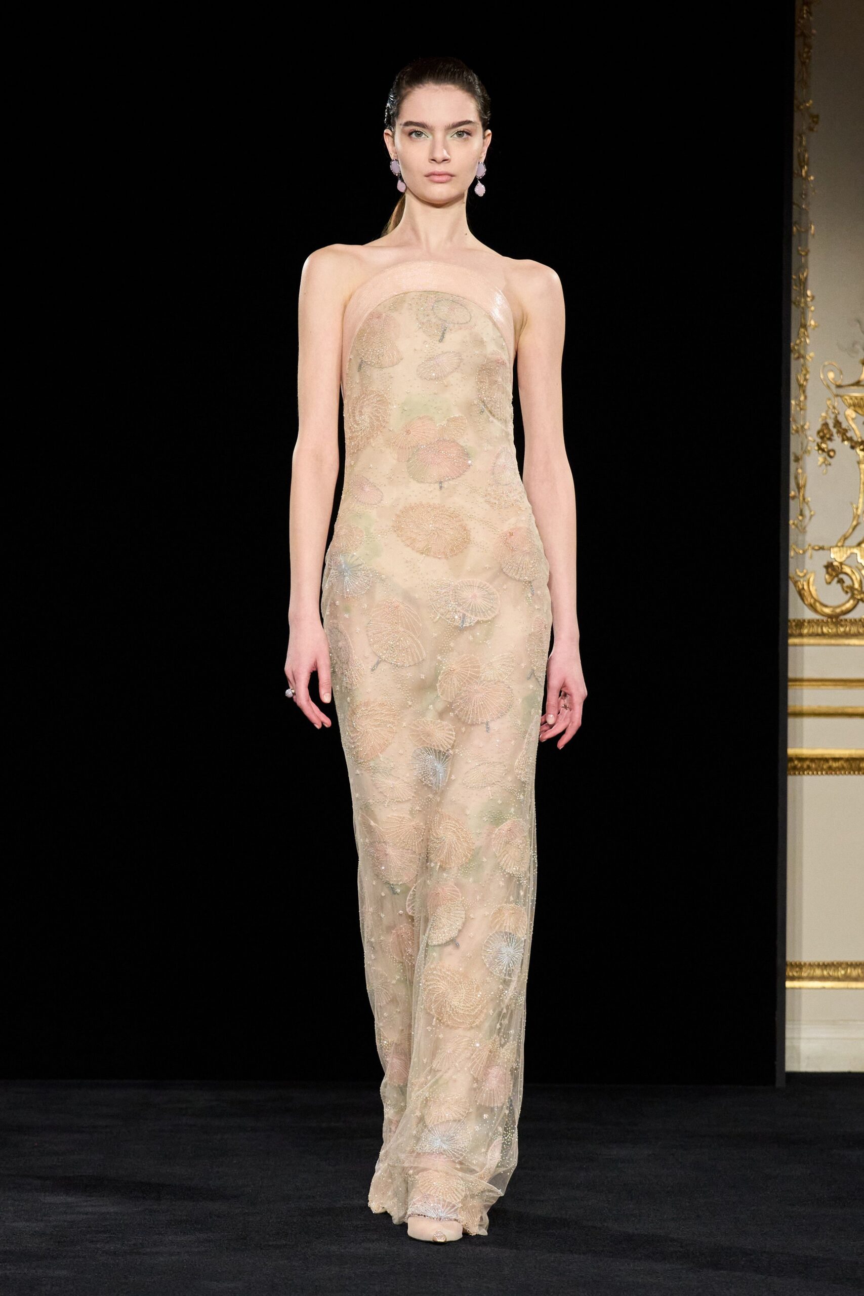 beige embroidered strapless gown