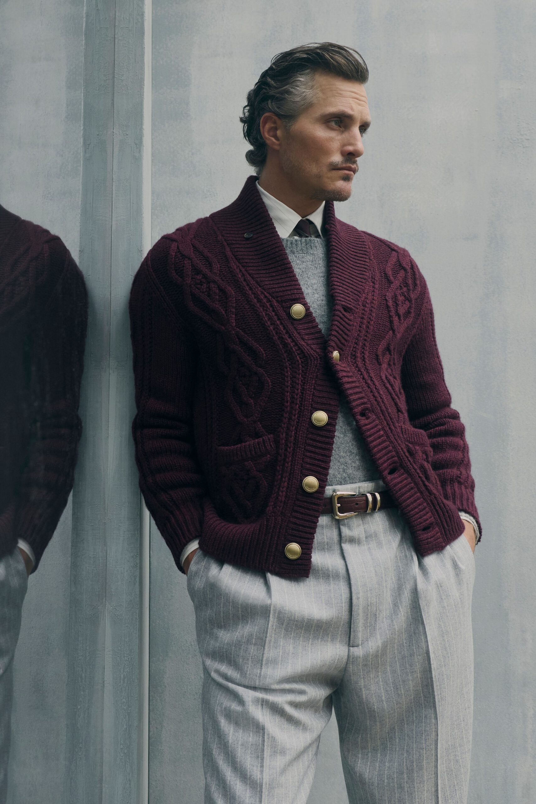 maroon wool long-sleeve collared fitted buttoned textured cardigan