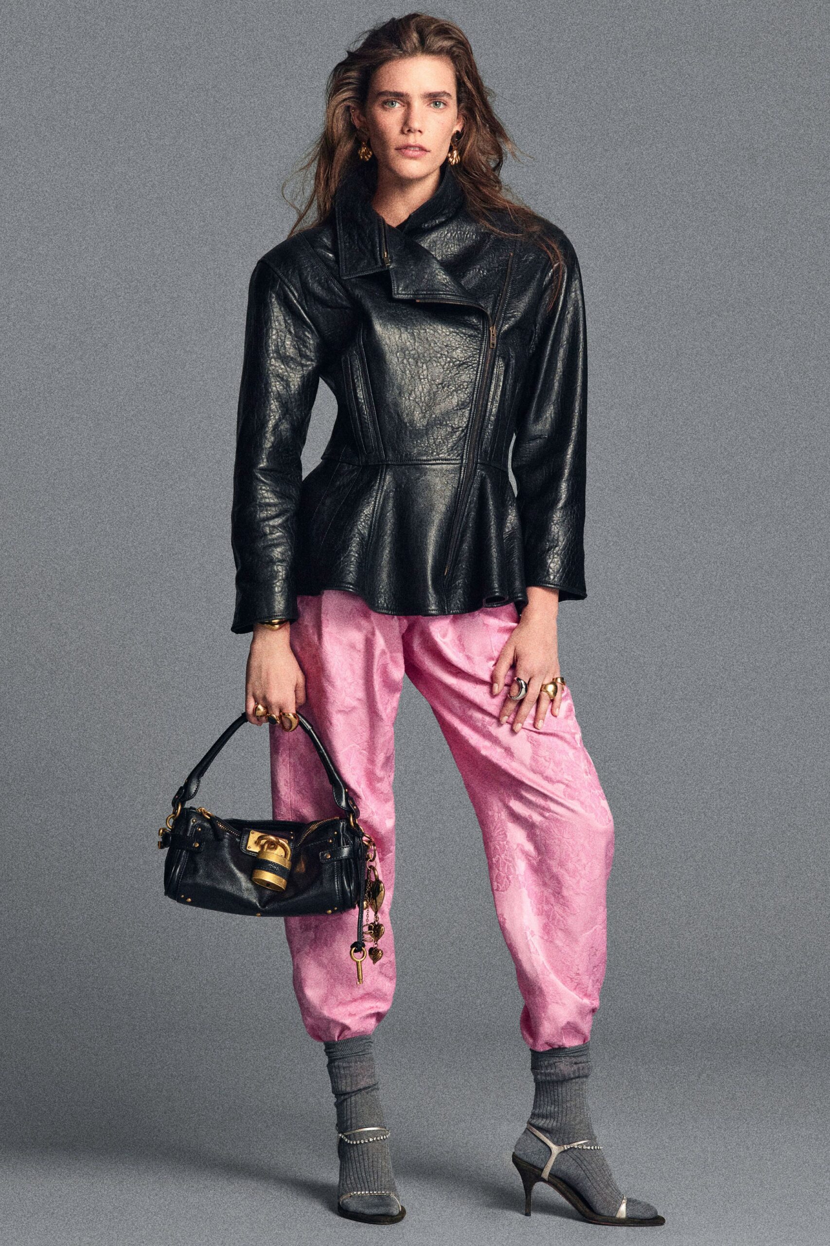 black leather jacket pink pants