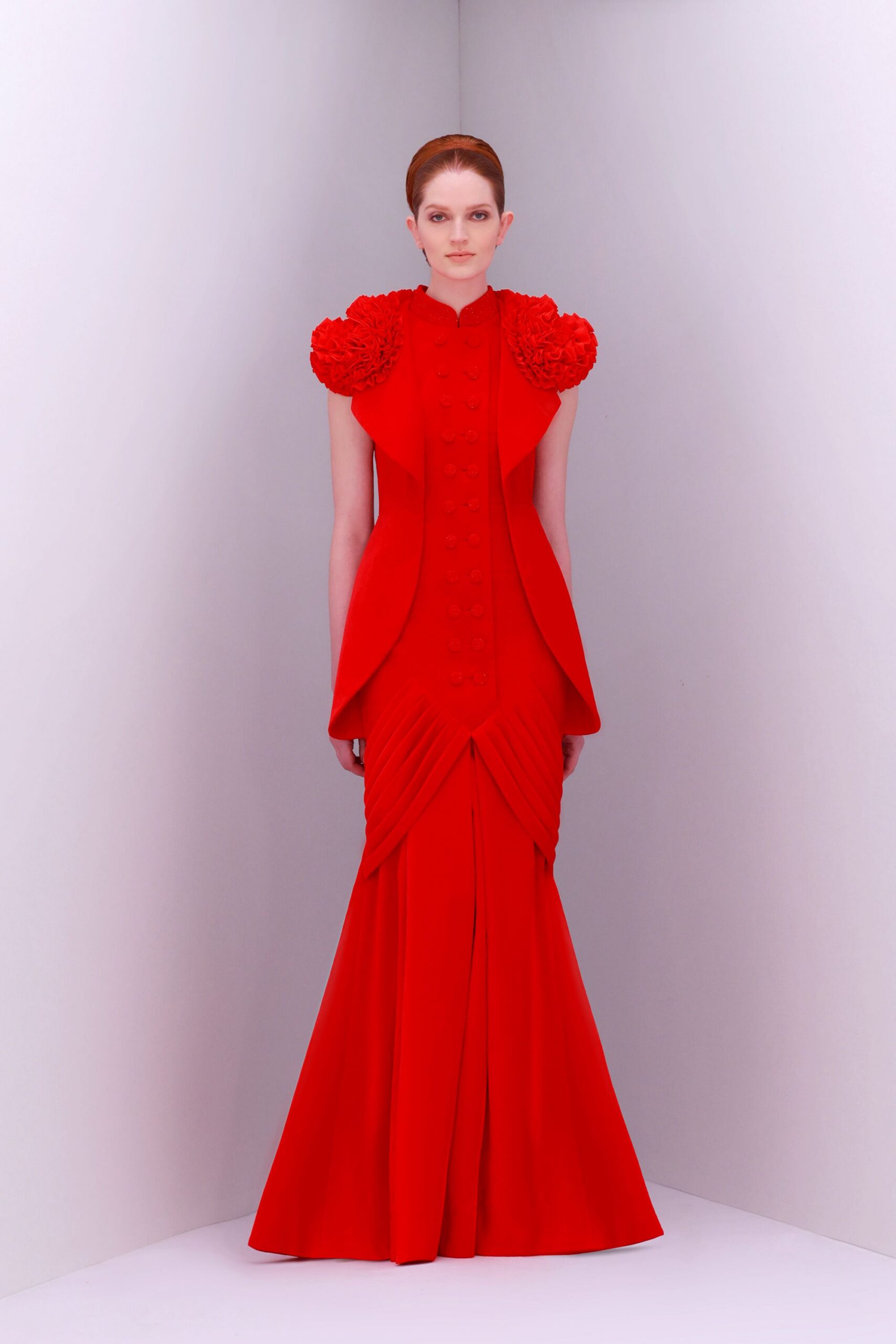 red silk fitted gown