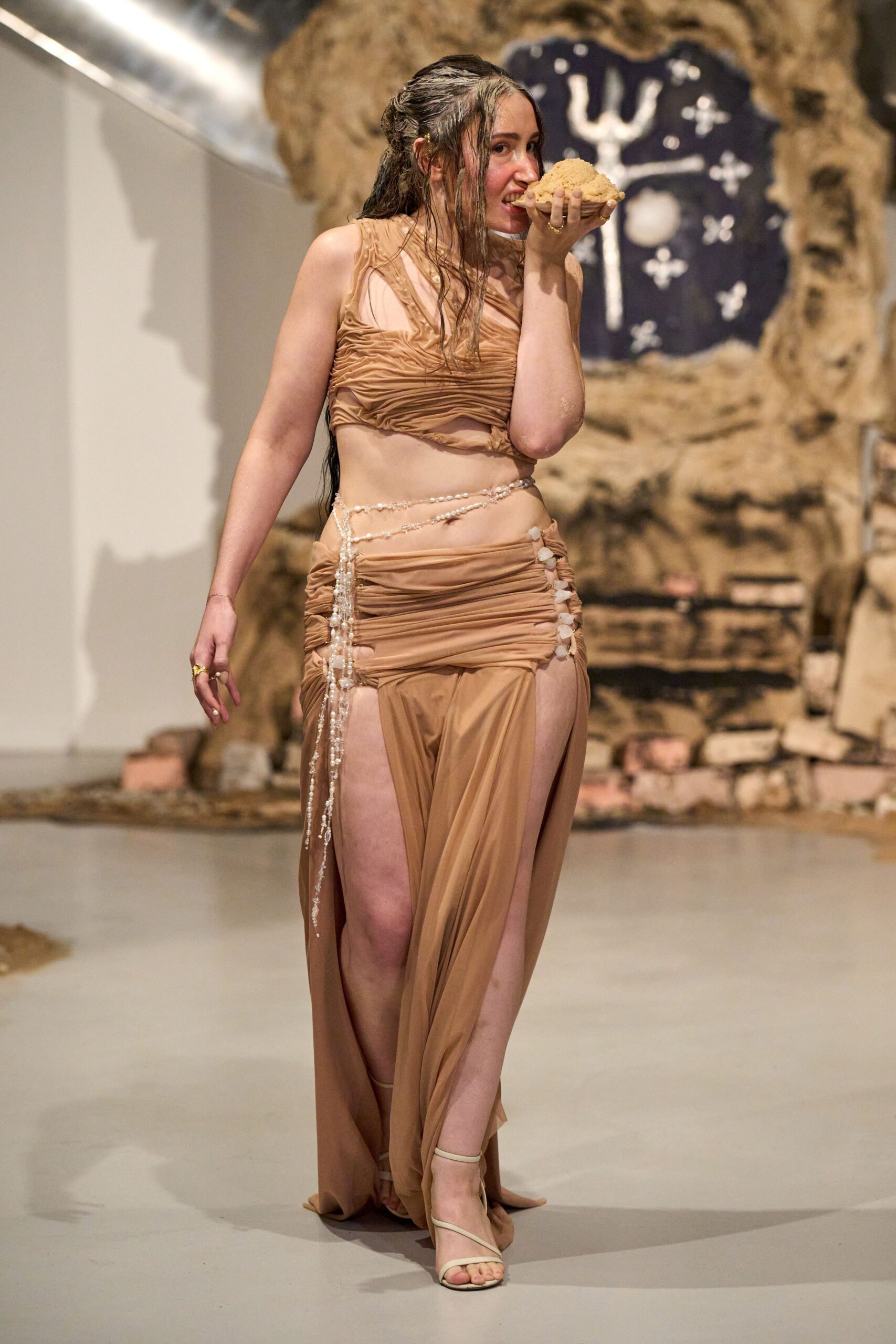 beige silk fitted maxi dress
