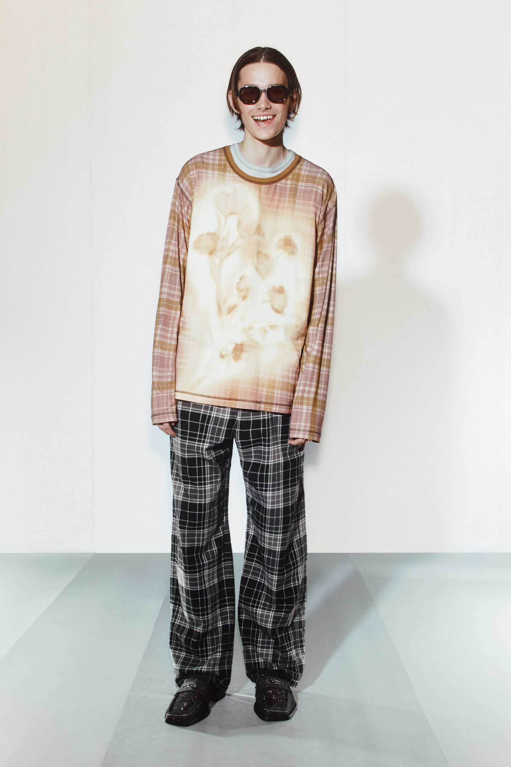 beige cotton long-sleeve collared oversized printed t-shirt