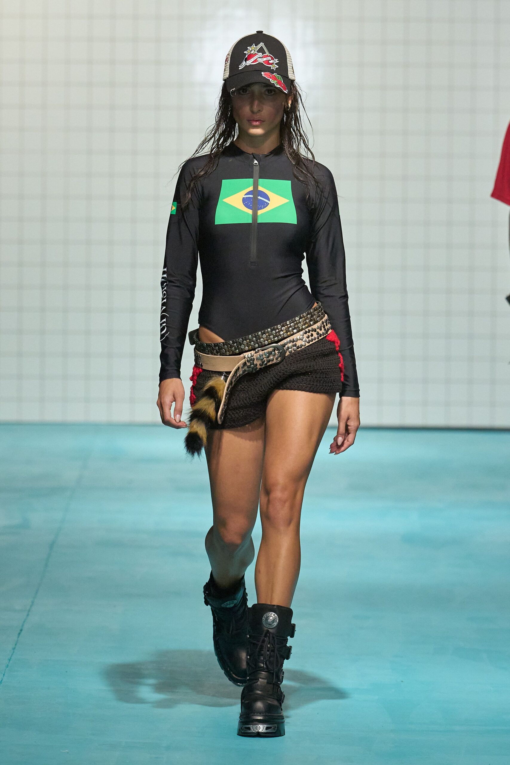 black neoprene long-sleeve high-neck fitted bodysuit