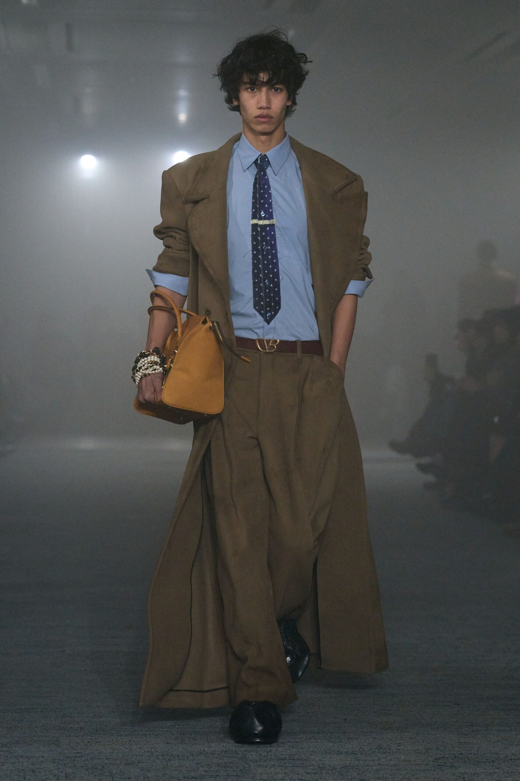 brown wool coat with blue shirt