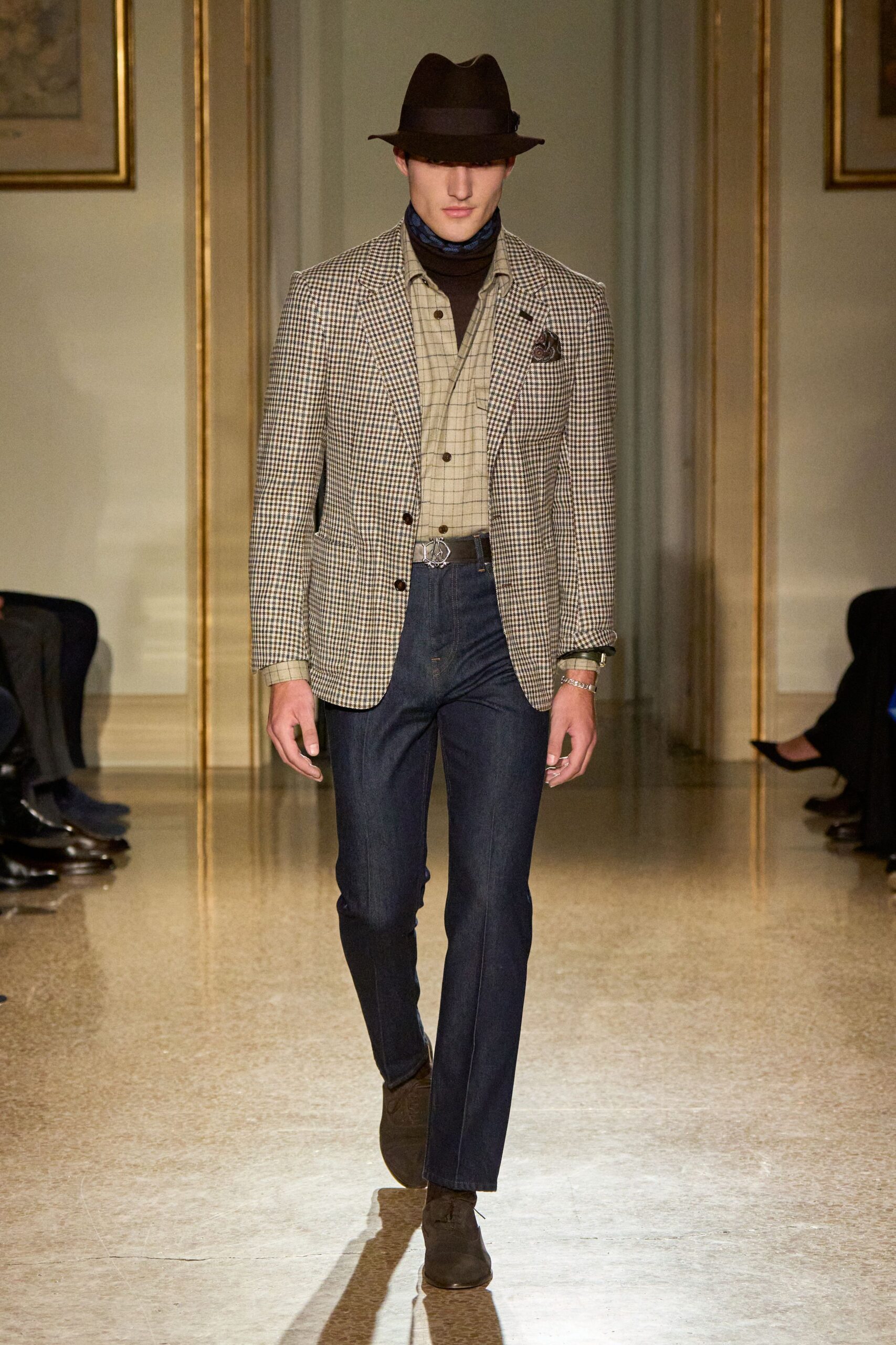 gray checked blazer with denim pants