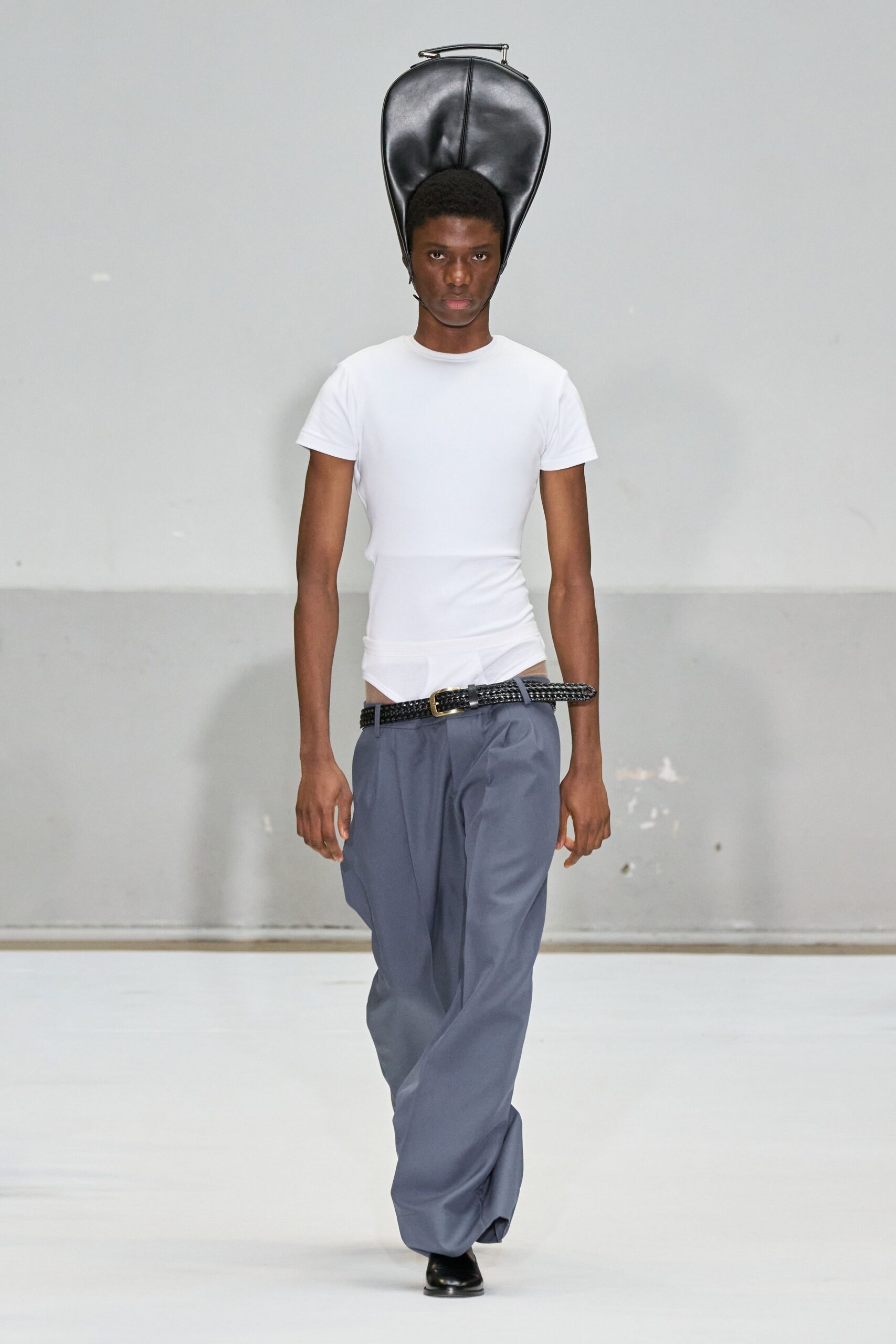 white fitted t-shirt gray relaxed pants