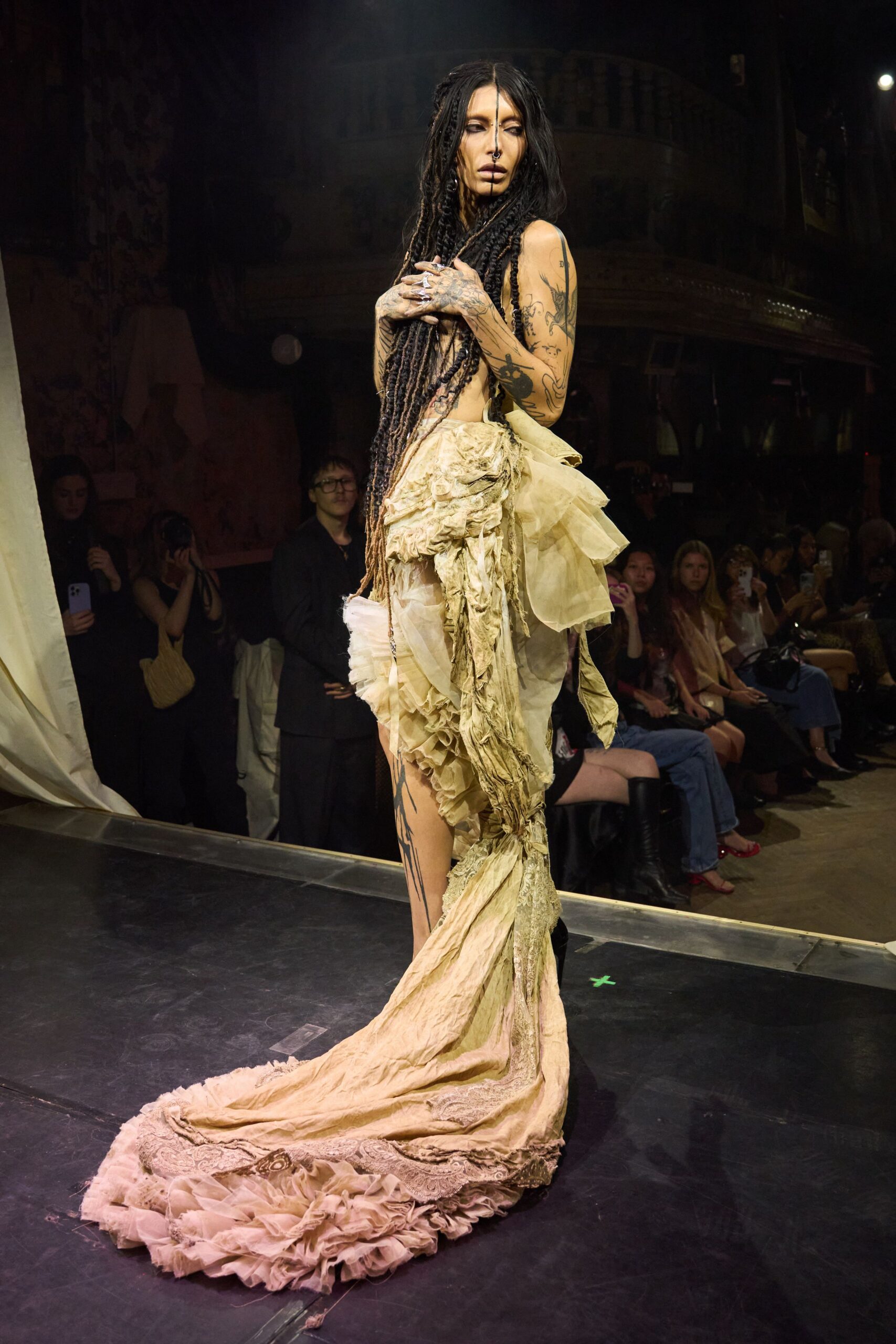 beige silk sleeveless gown