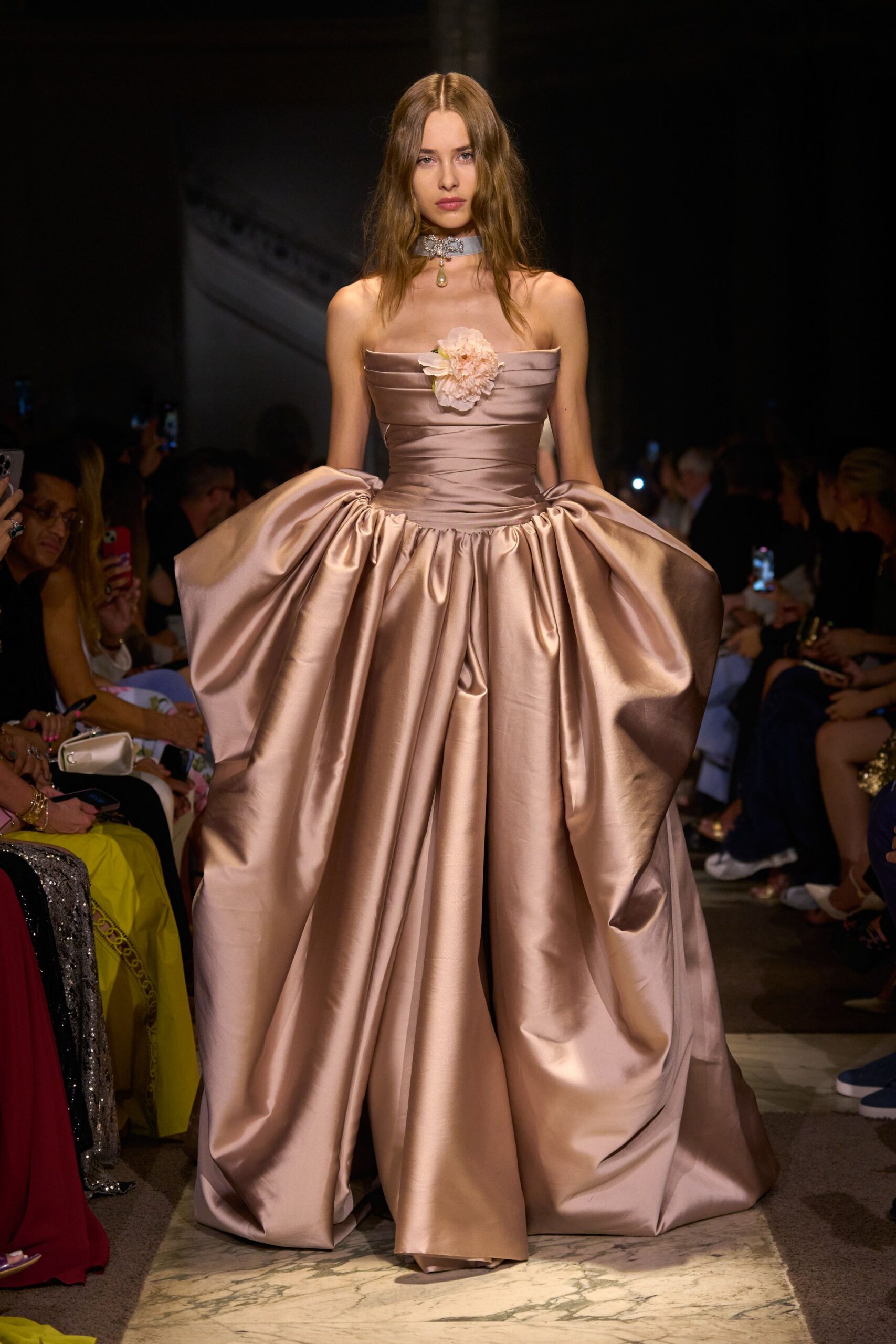 pink satin strapless gown
