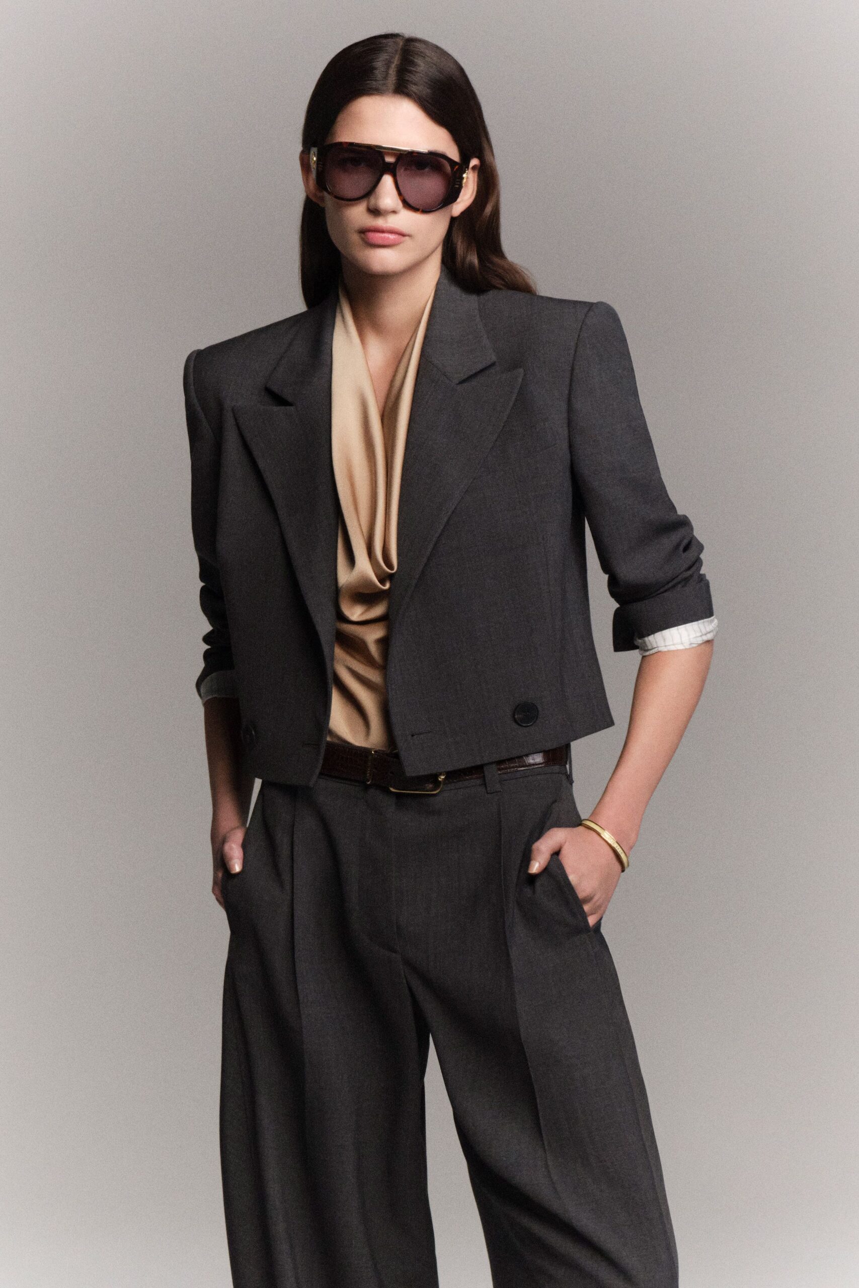 gray tailored blazer with beige top