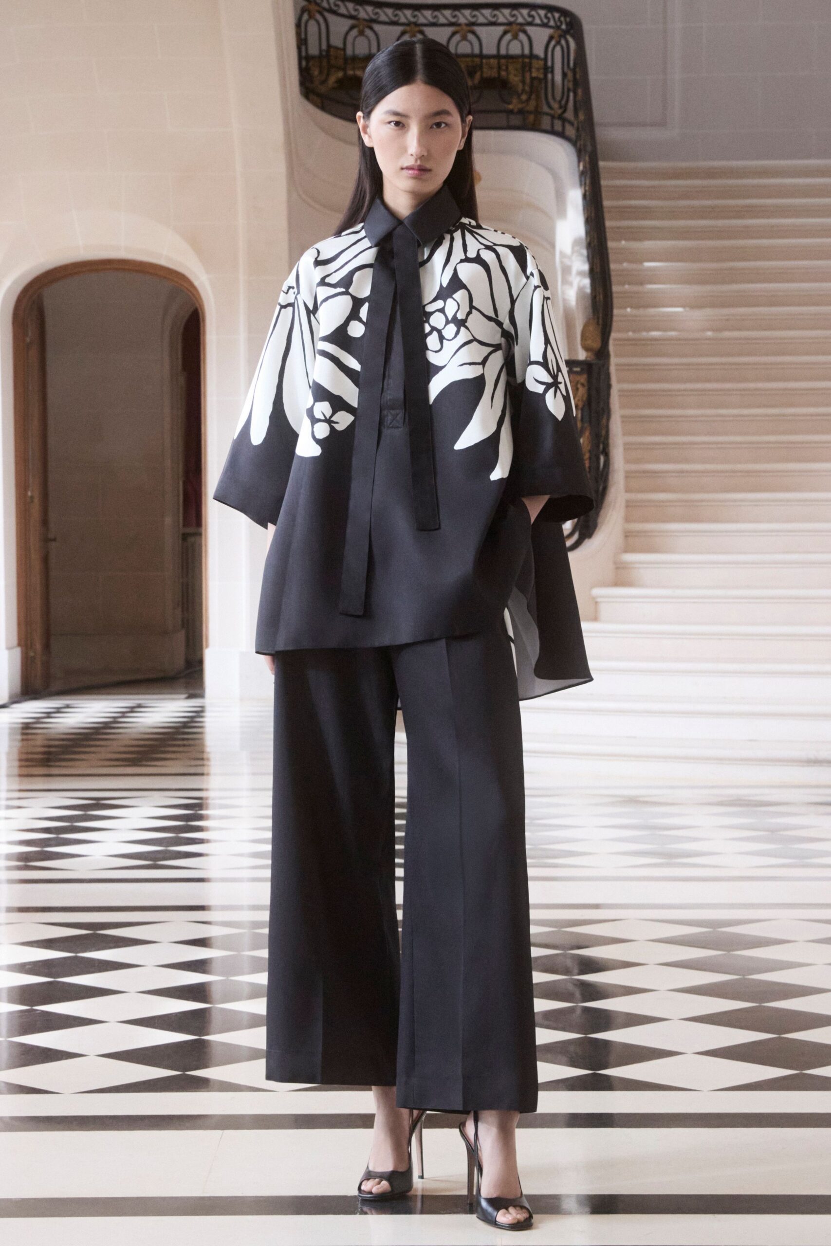 black and white printed top with wide-leg pants