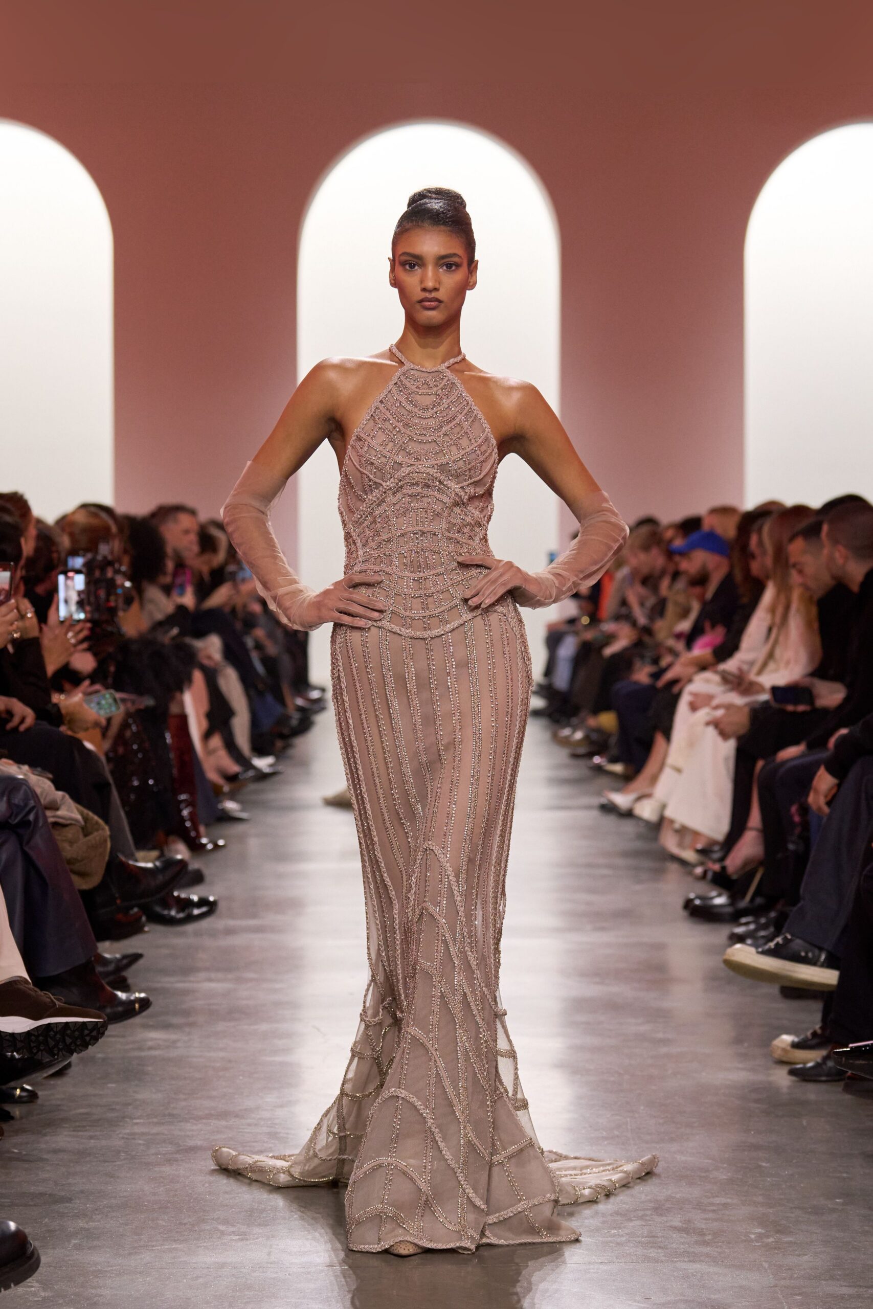 beige beaded sleeveless gown