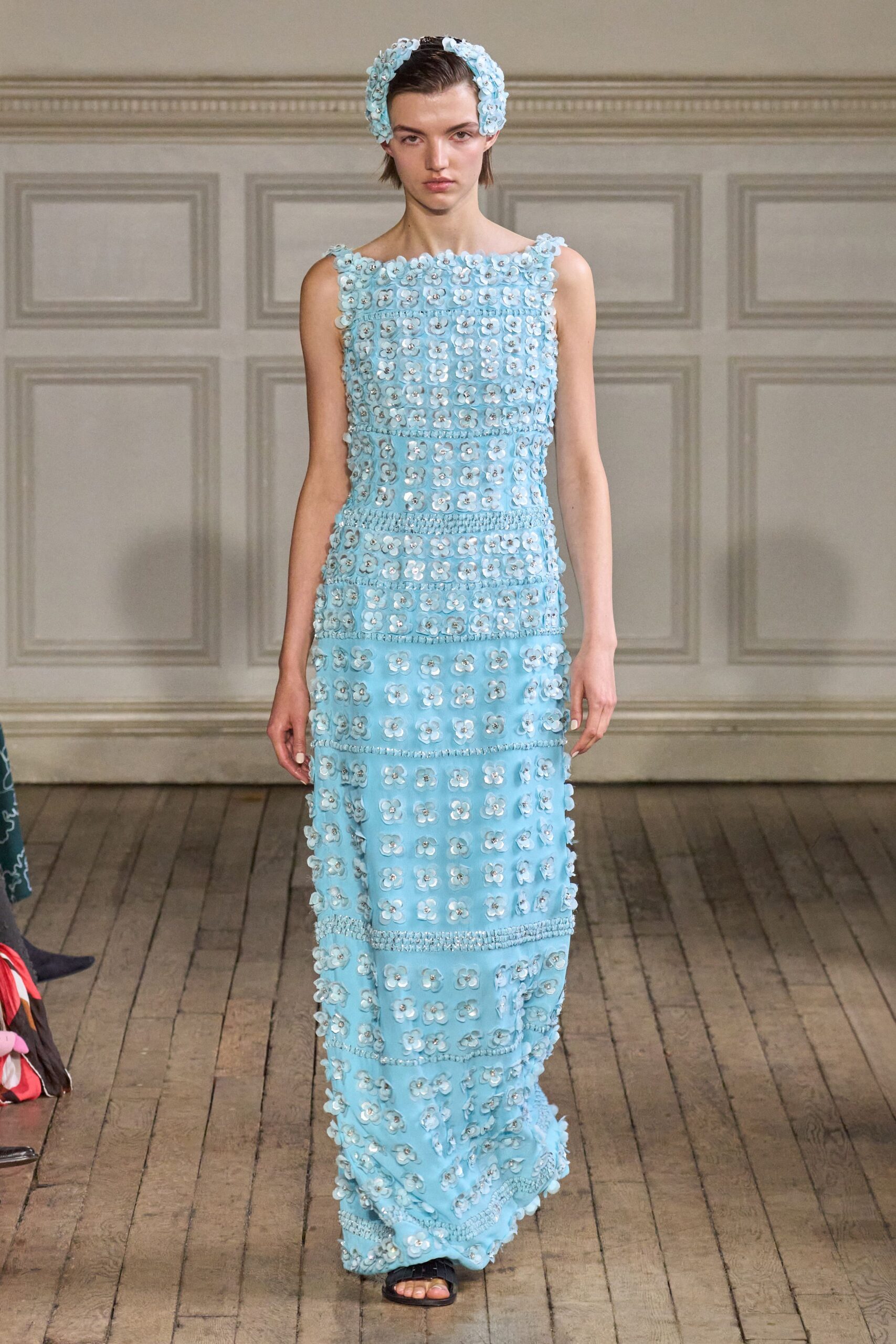 blue silk sleeveless high-neck fitted embroidered tiered gown