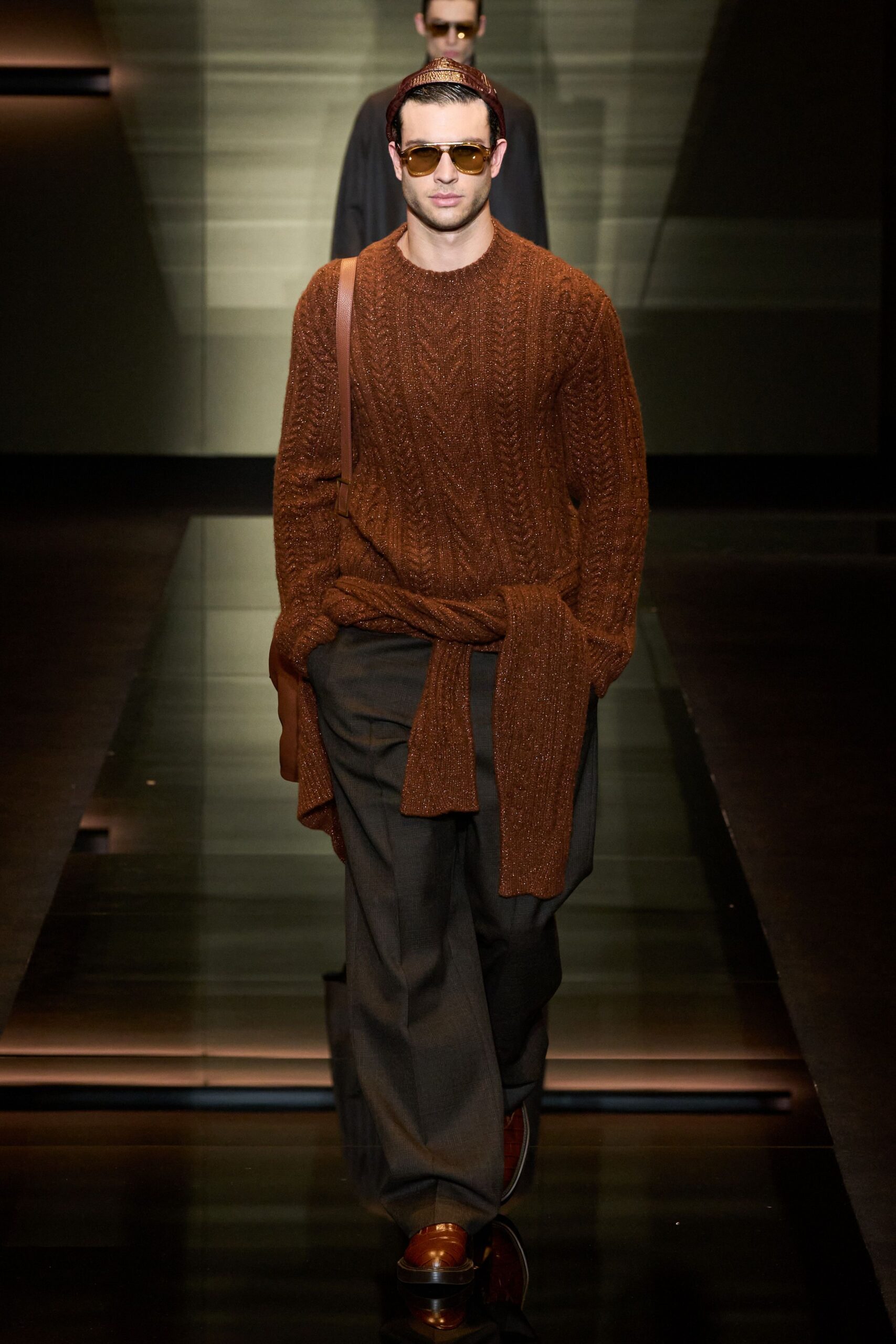 brown wool sweater with gray pants