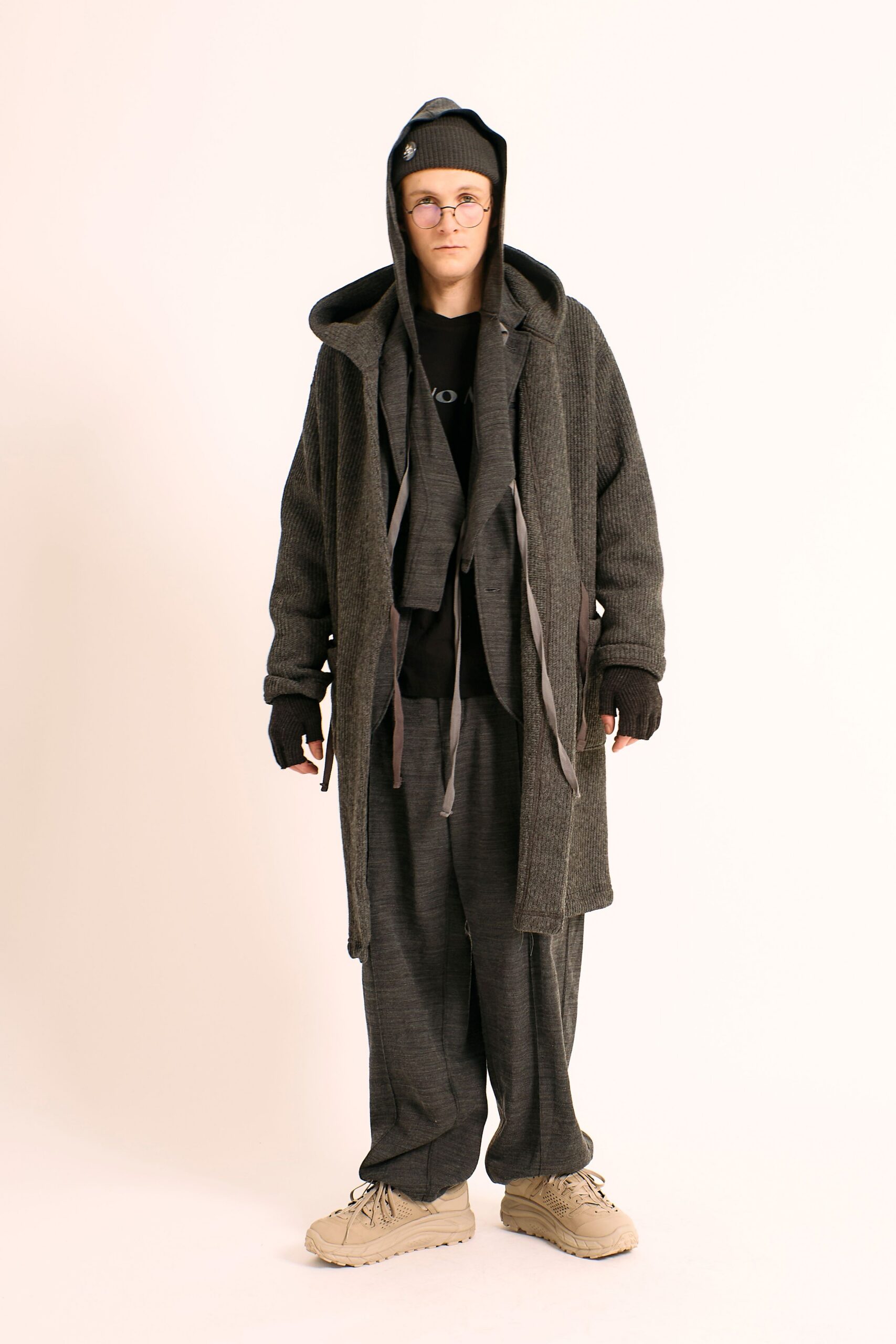 gray cotton long-sleeve hooded oversized layered coat