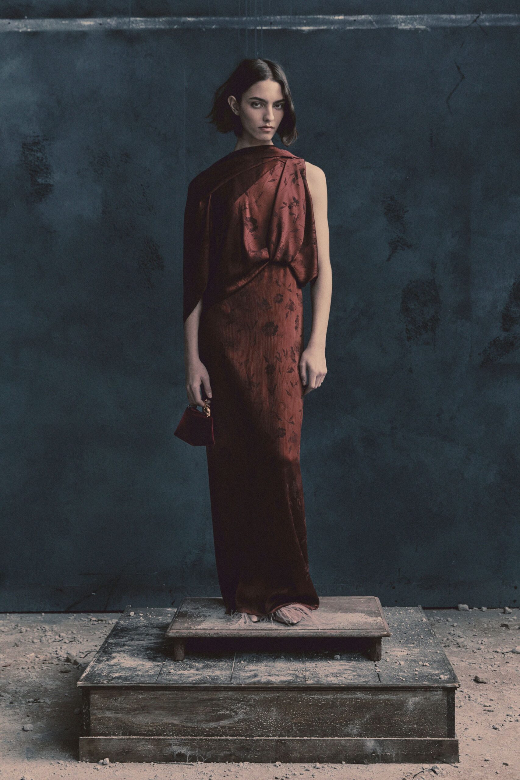red silk sleeveless high-neck fitted embellished maxi gown