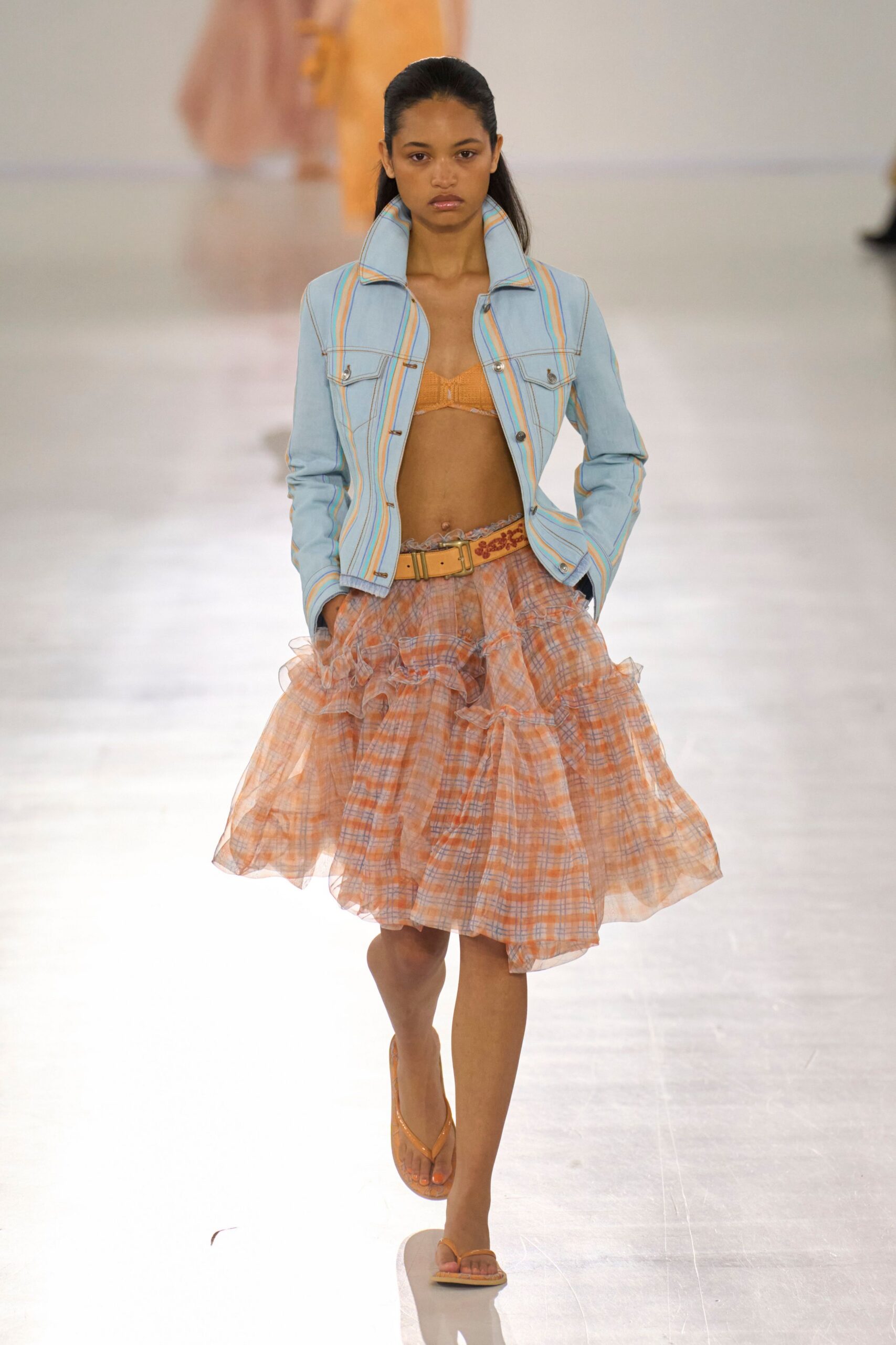 blue denim jacket with tiered skirt