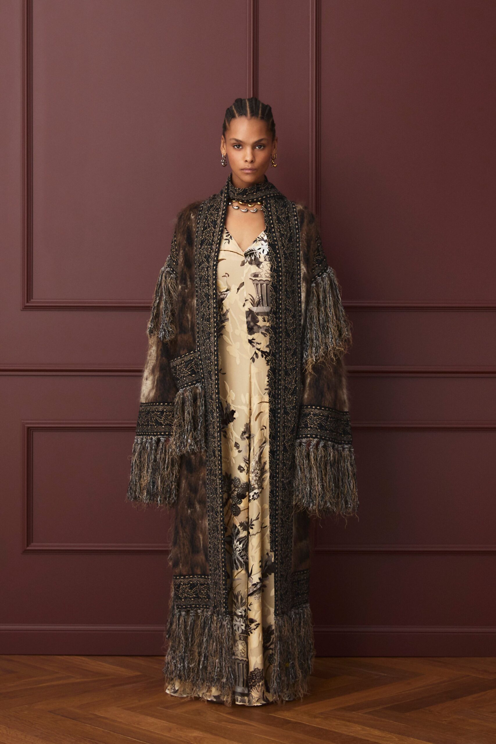gold silk long-sleeve v-neck fitted embroidered fringed gown