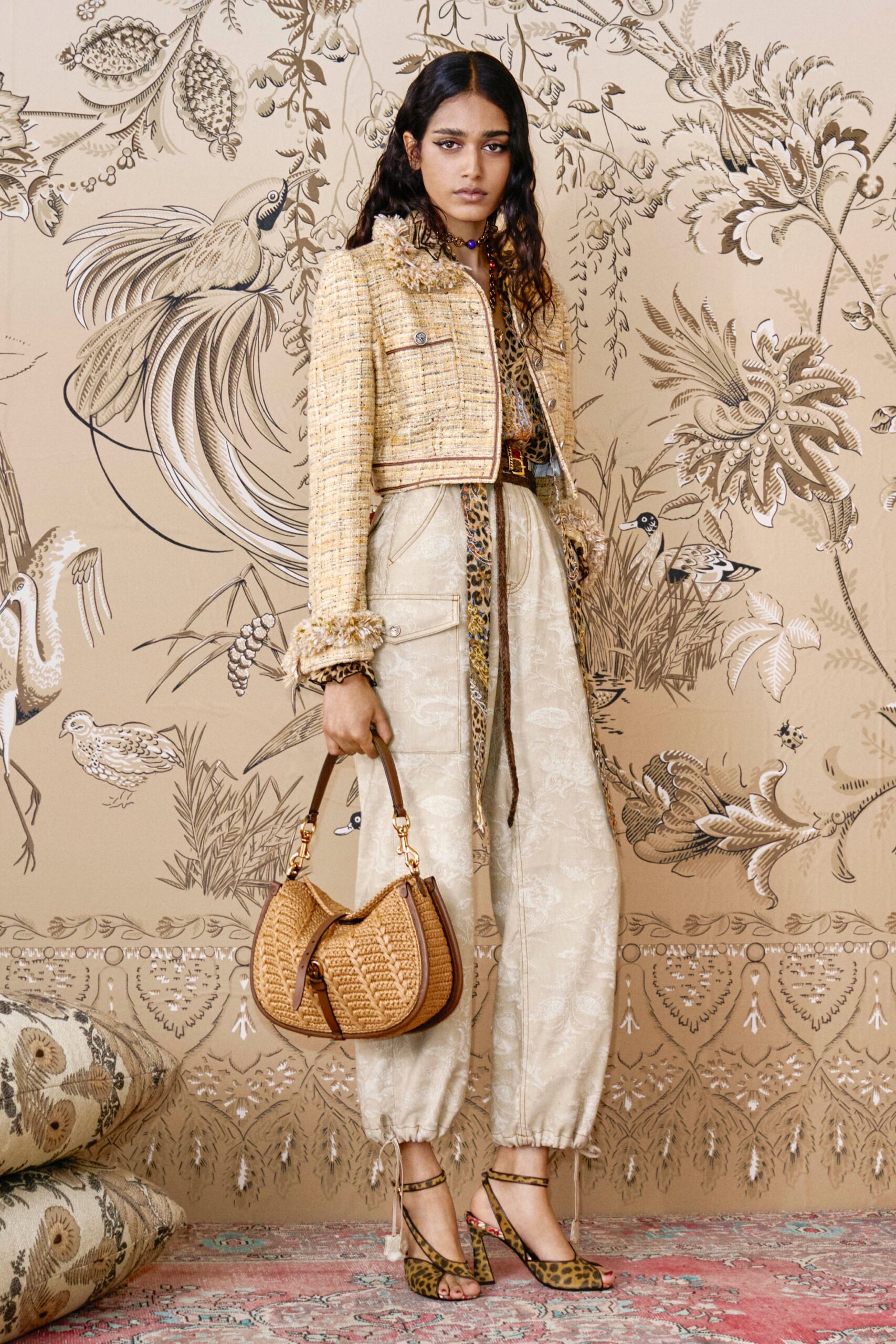 yellow tweed fitted jacket with beige pants