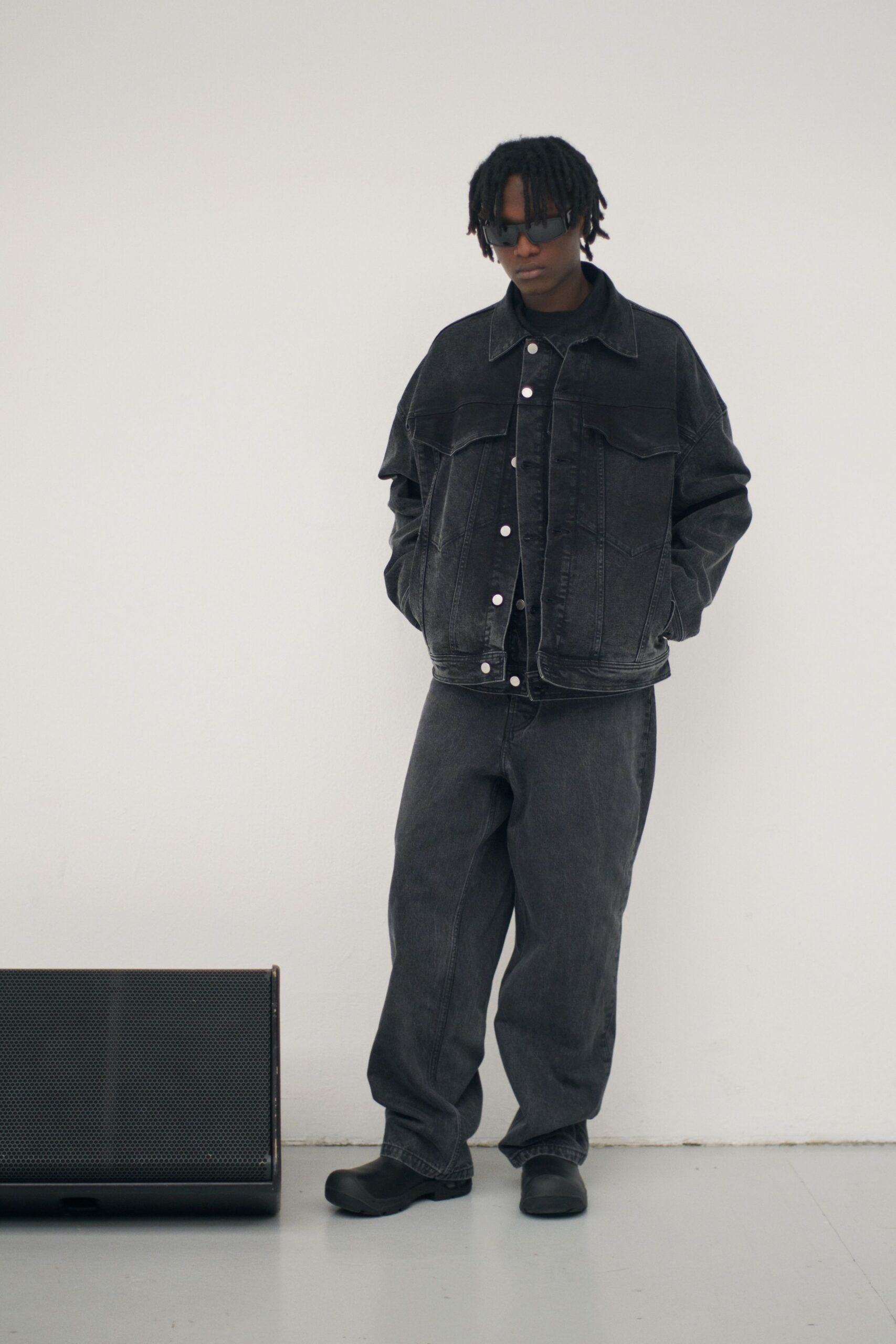 black denim jacket and pants