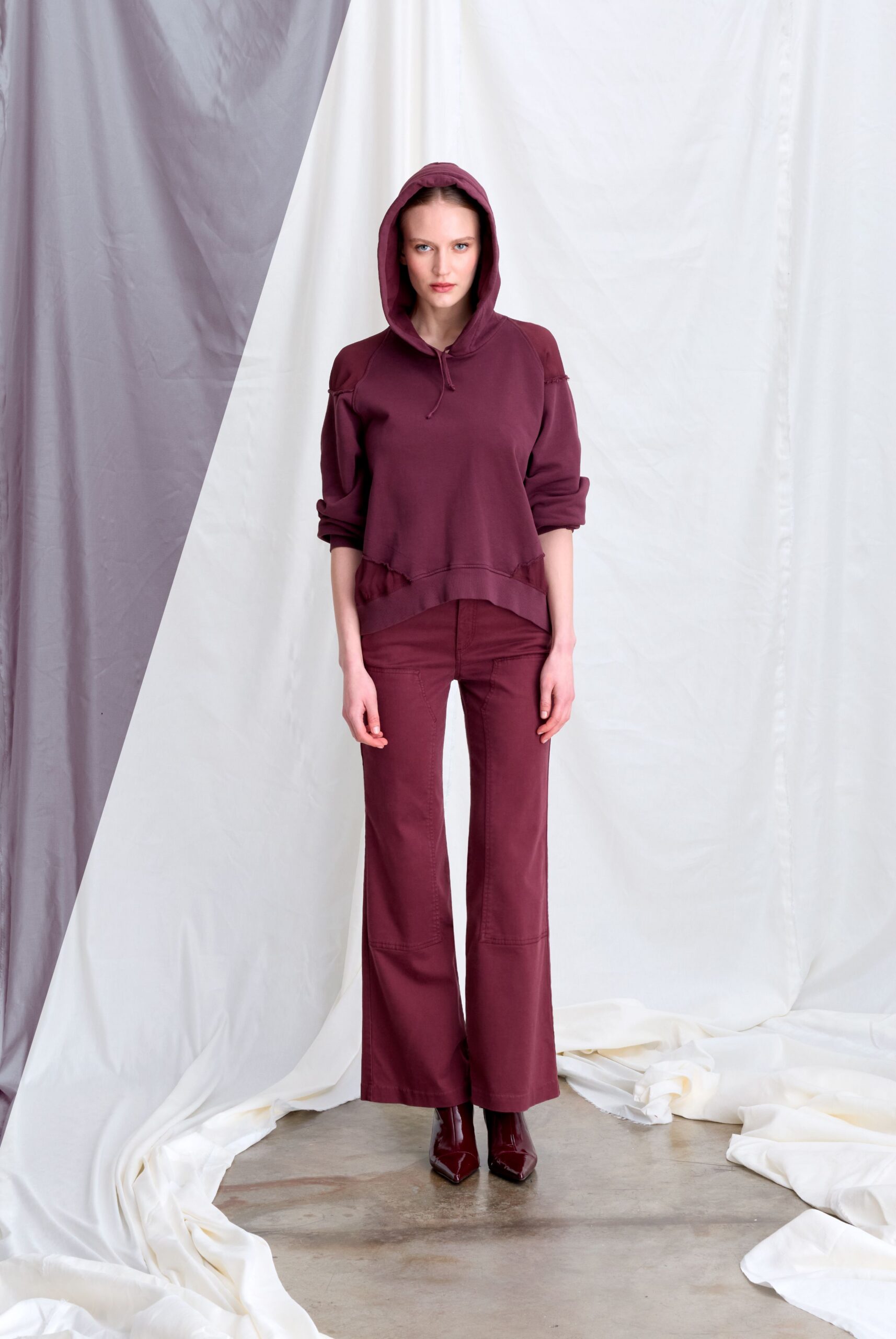 maroon cotton fitted flared pants