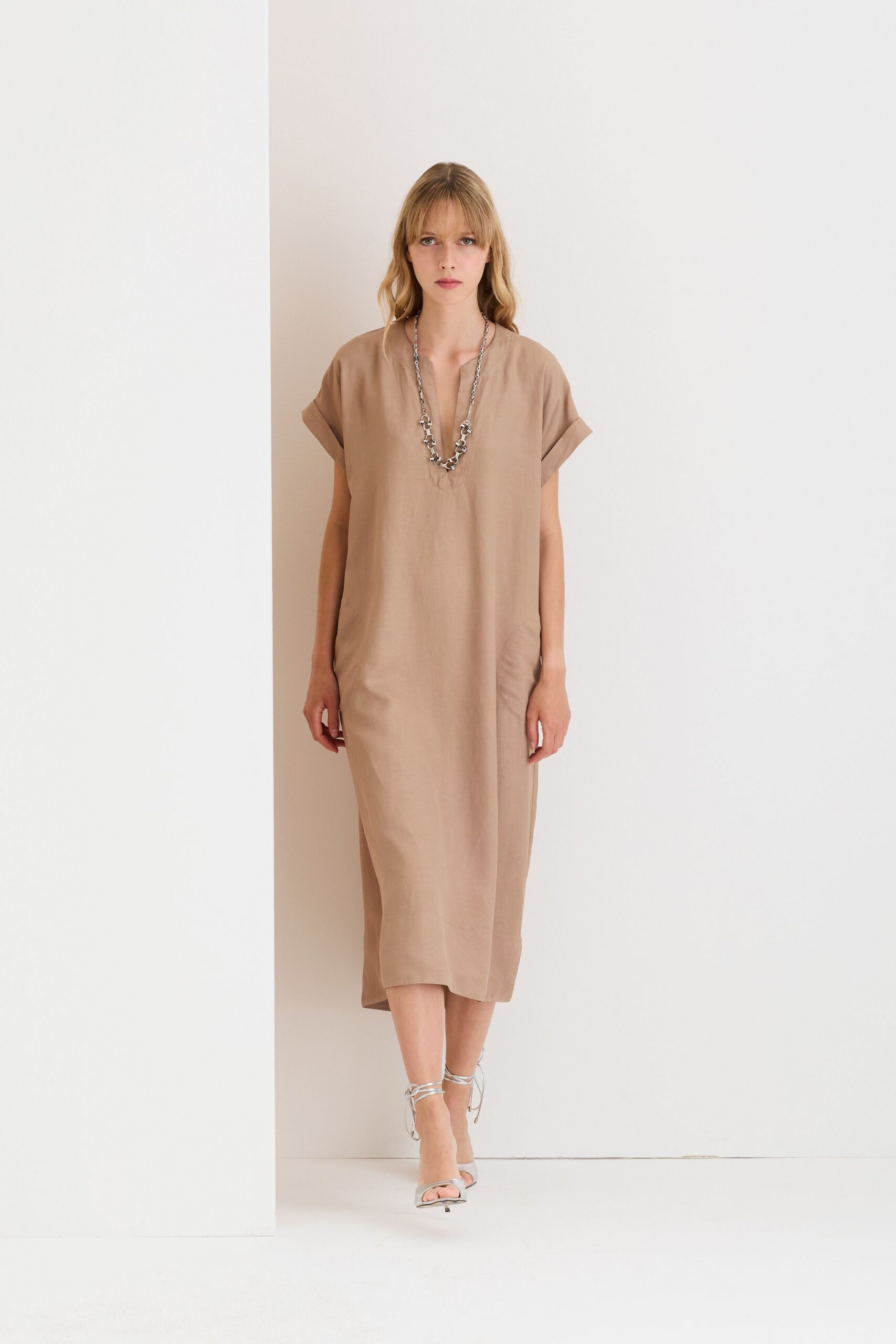 beige cotton short-sleeve v-neck relaxed straight-leg midi dress
