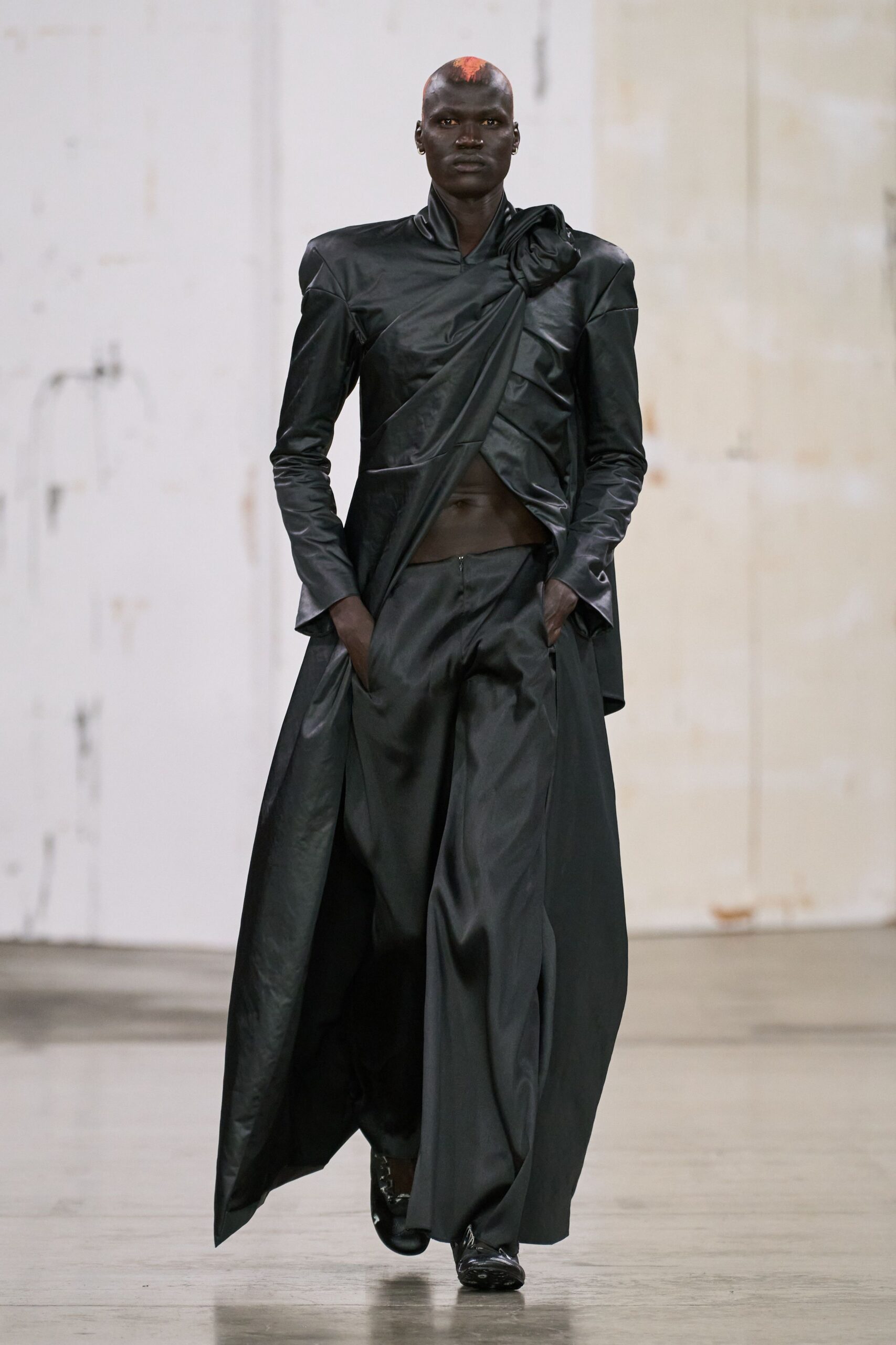 black silk long-sleeve collared fitted draped maxi coat