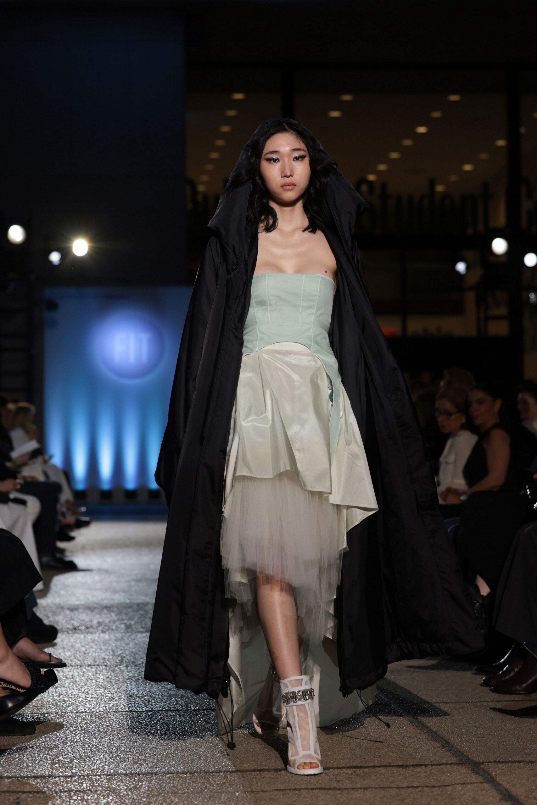 green silk strapless asymmetric fitted pleated layered gown