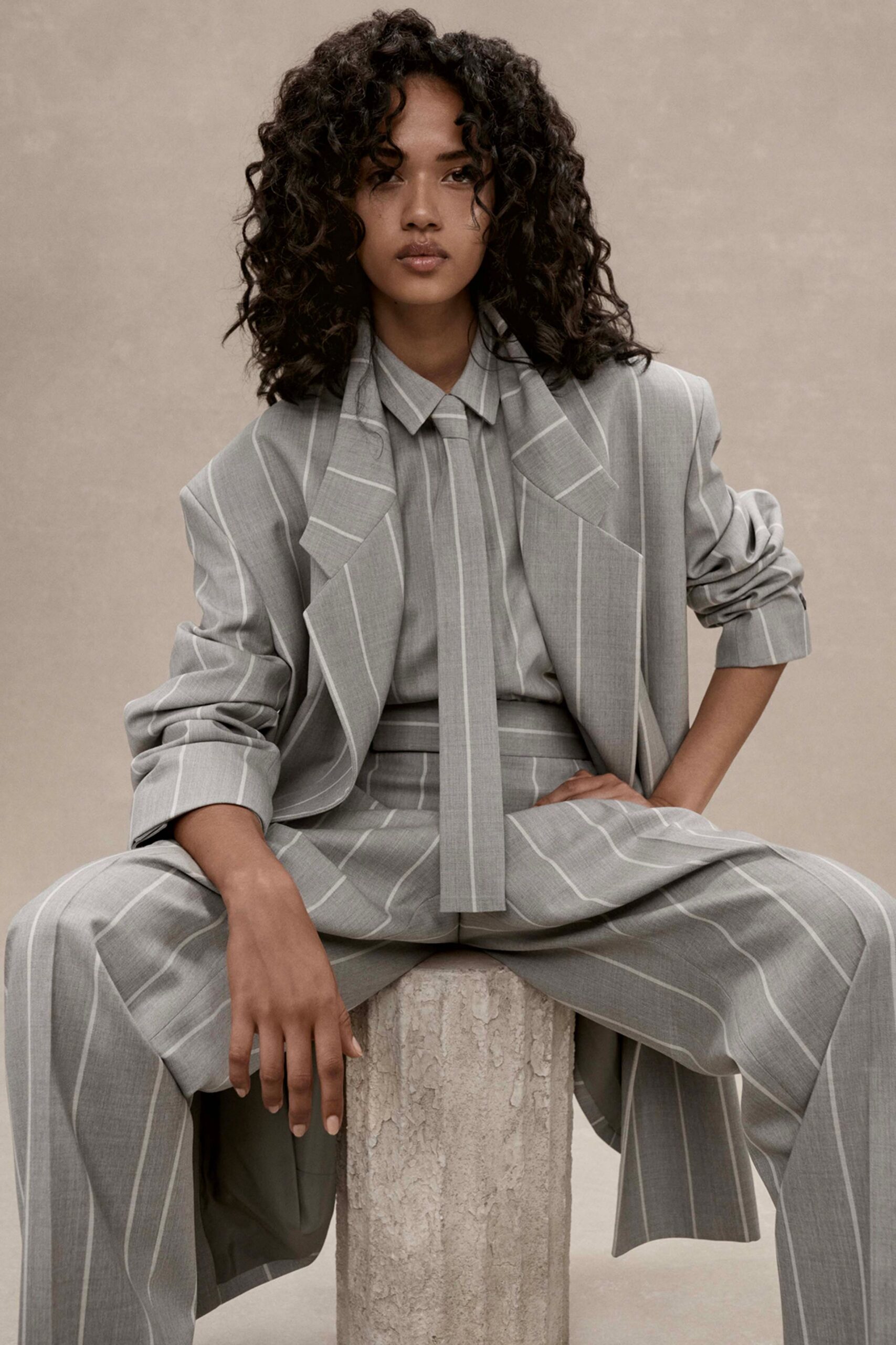 gray tailored striped straight-leg pants