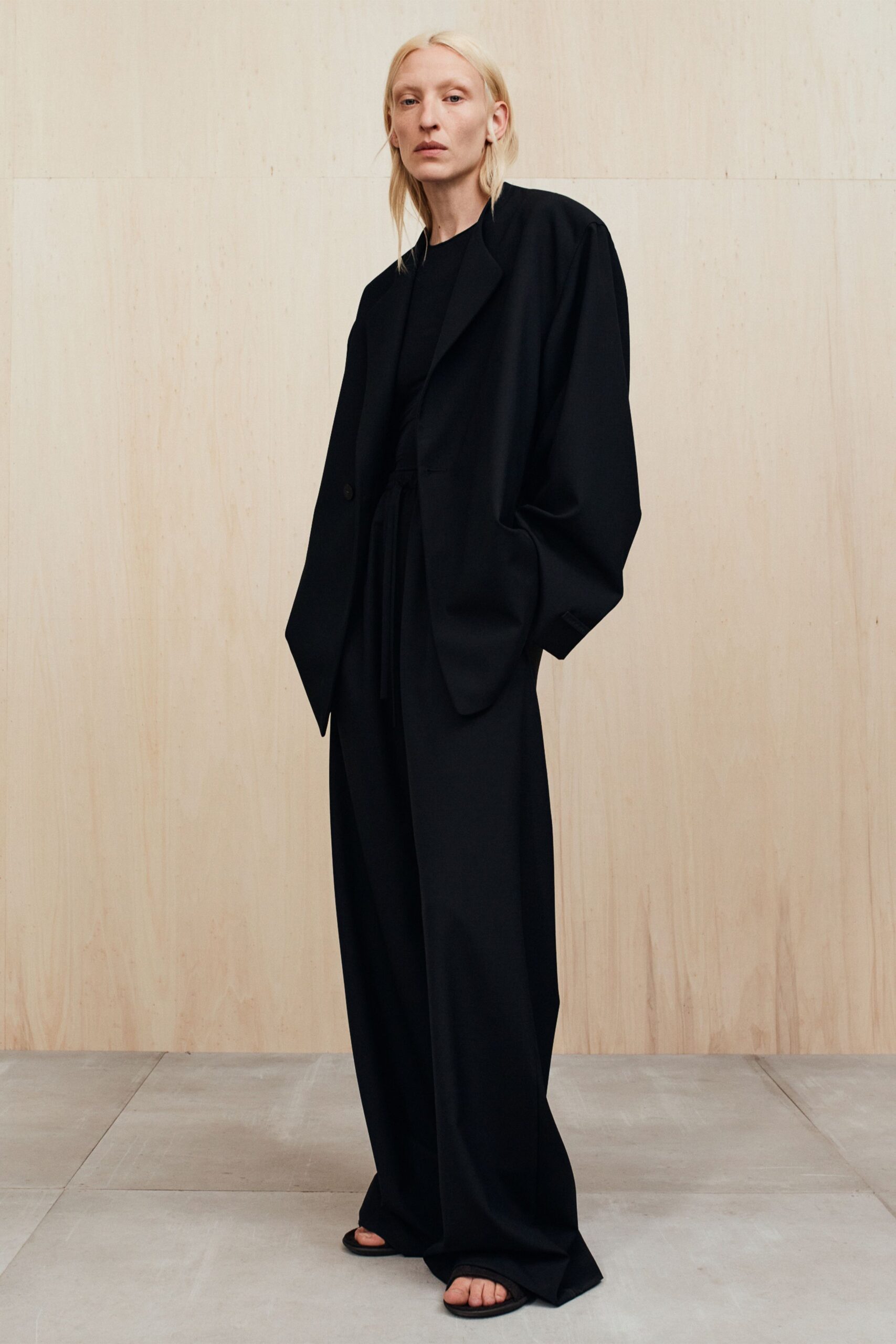 black oversized blazer and relaxed pants