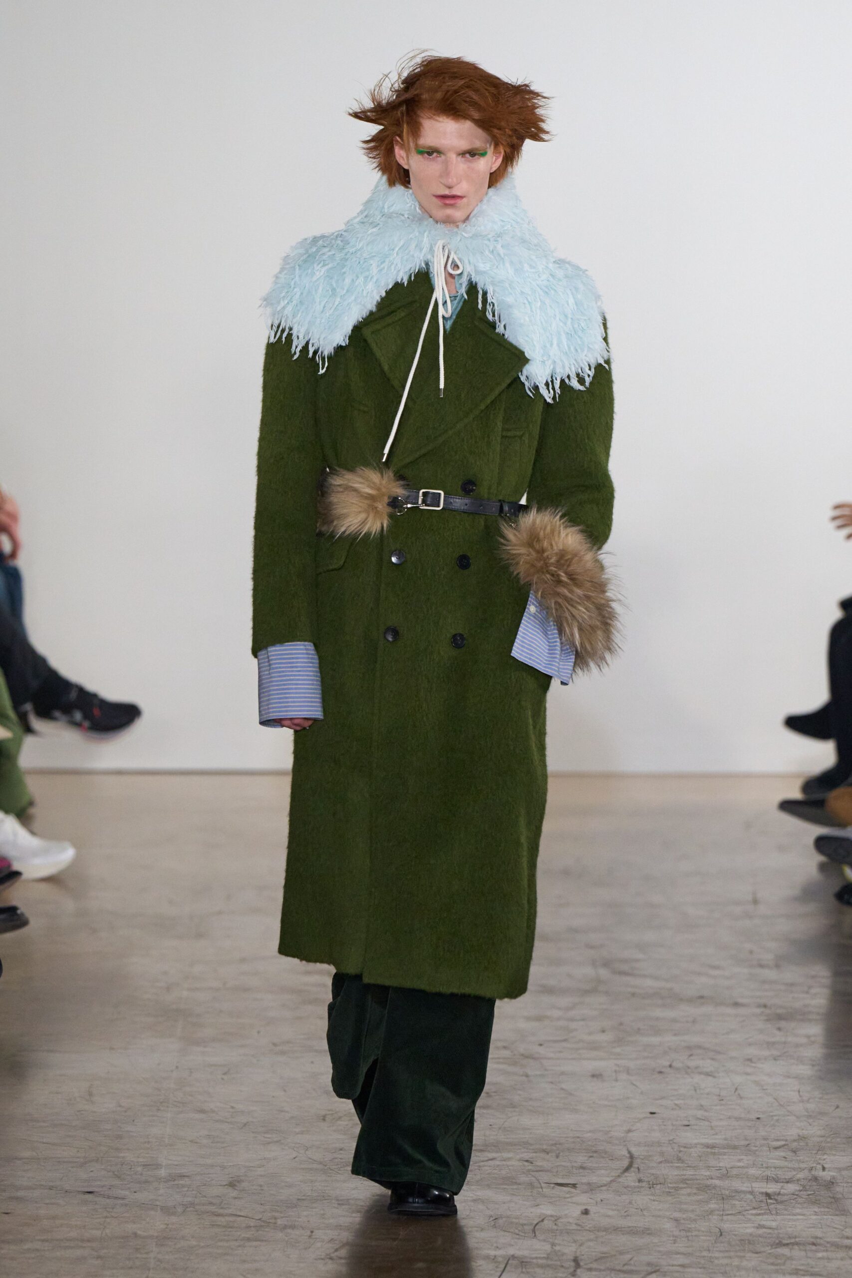 green wool long-sleeve collared structured belted fringed coat