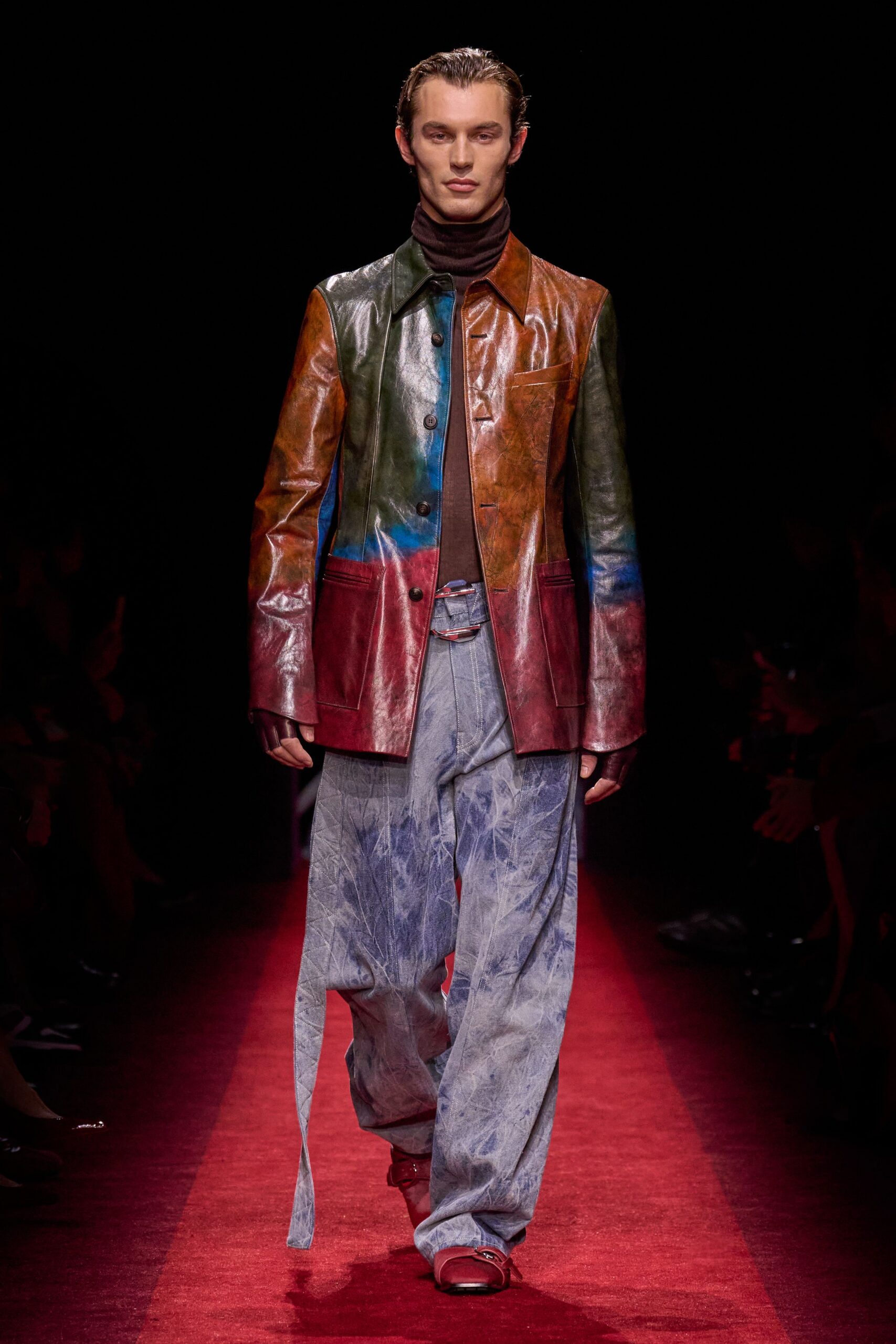 multi leather long-sleeve collared fitted color-blocked jacket