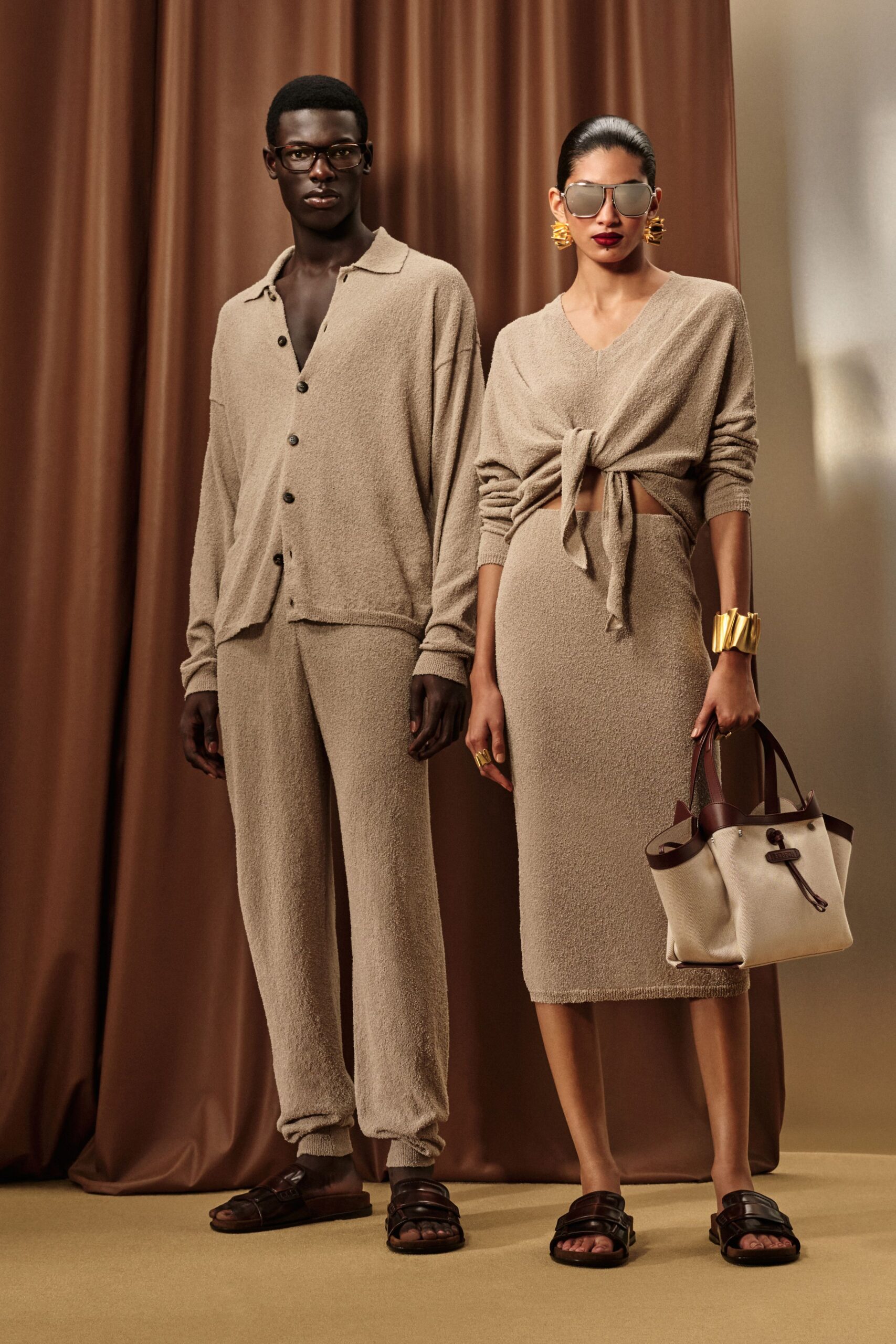 beige cotton long-sleeve v-neck relaxed belted cardigan